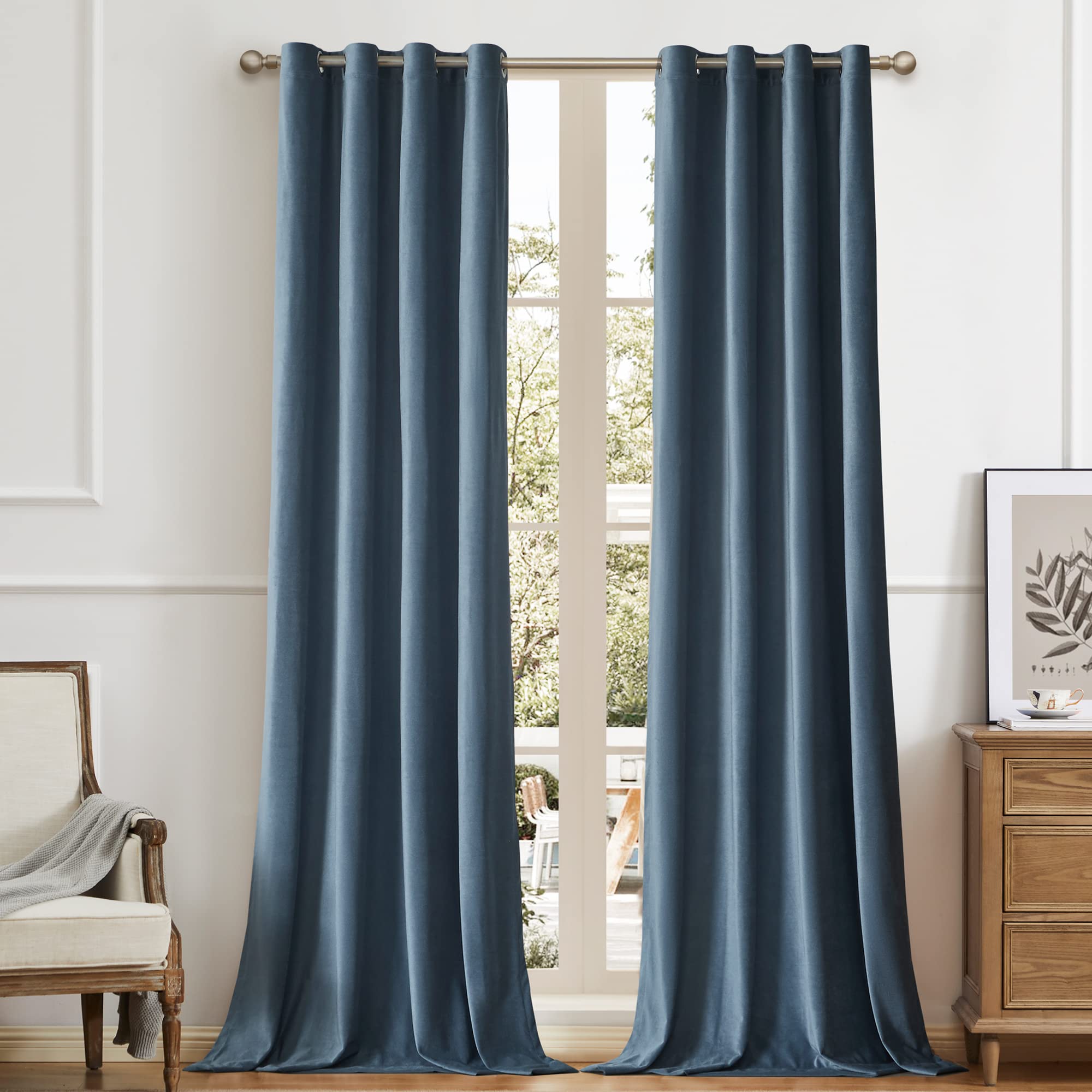 Bulbul Living Room Velvet Window Curtains 120 Inch Long- 2 Panels Stone Grayish Blue Window Drapes Curtains Thermal Insulated Ro
