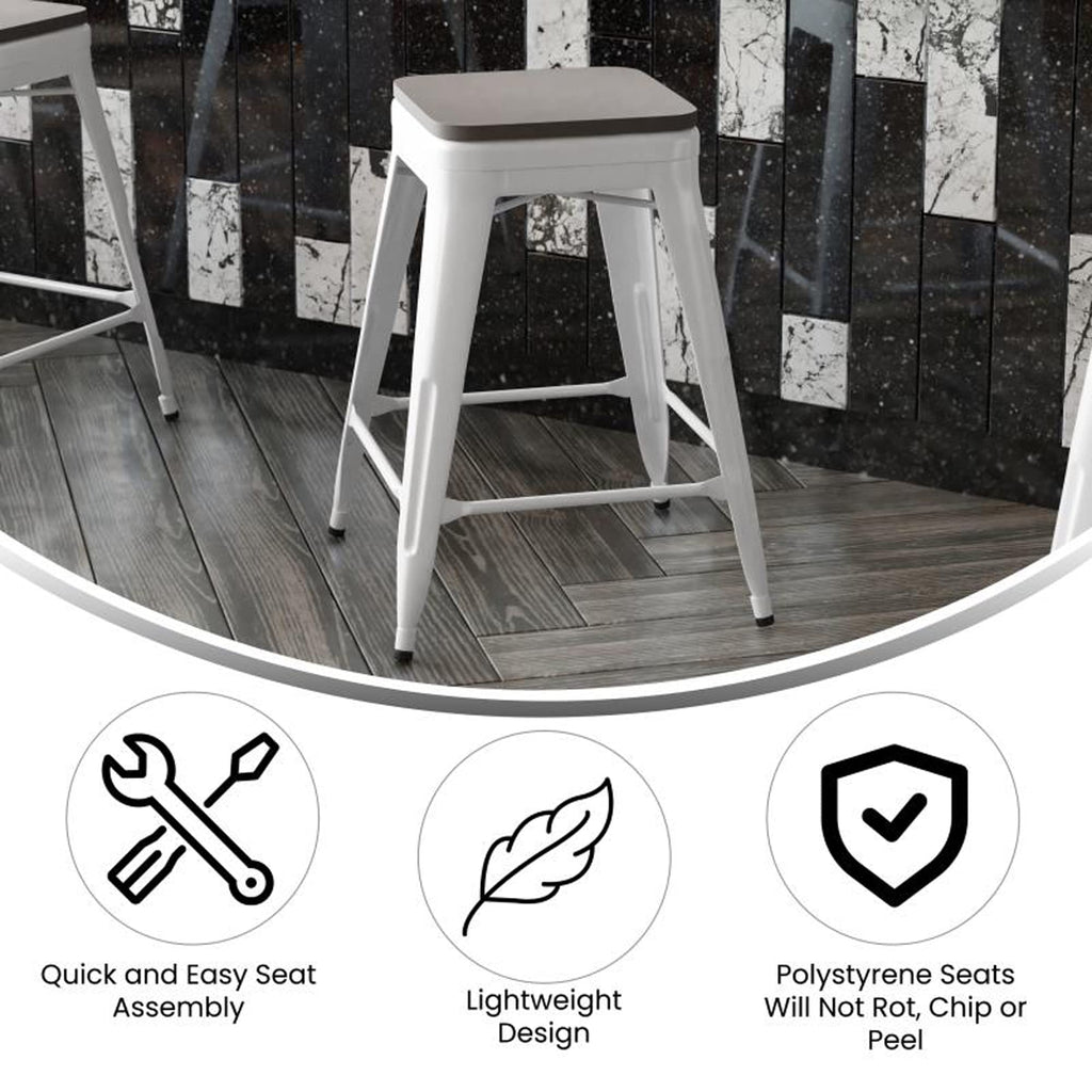 Flash Furniture Kai Commercial Grade Indoor-Outdoor Counter Height Stool - White Metal Frame - Gray Poly Resin Seat - 24" High - Backless