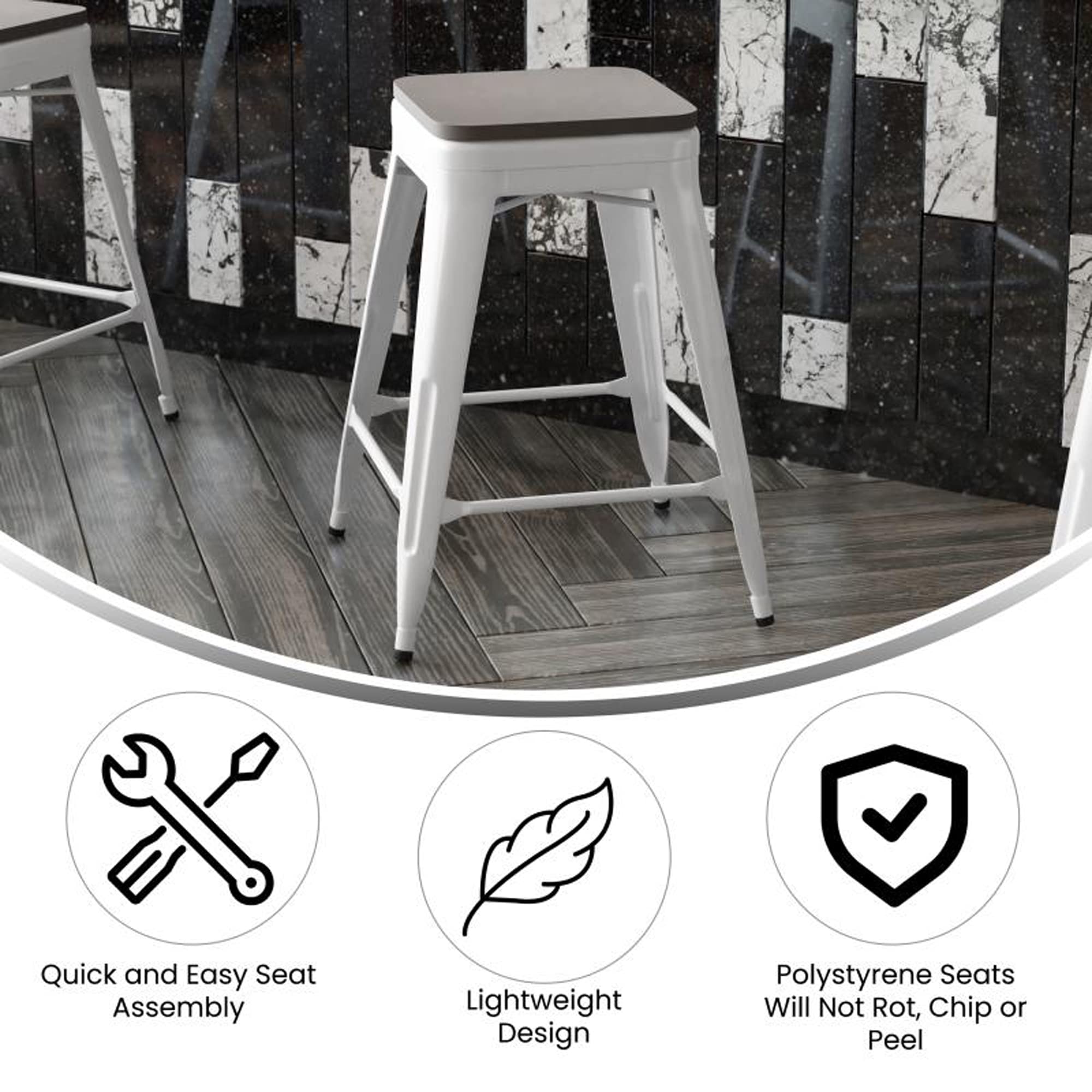Flash Furniture Kai Commercial Grade Indoor-Outdoor Counter Height Stool - White Metal Frame - Gray Poly Resin Seat - 24" High - Backless