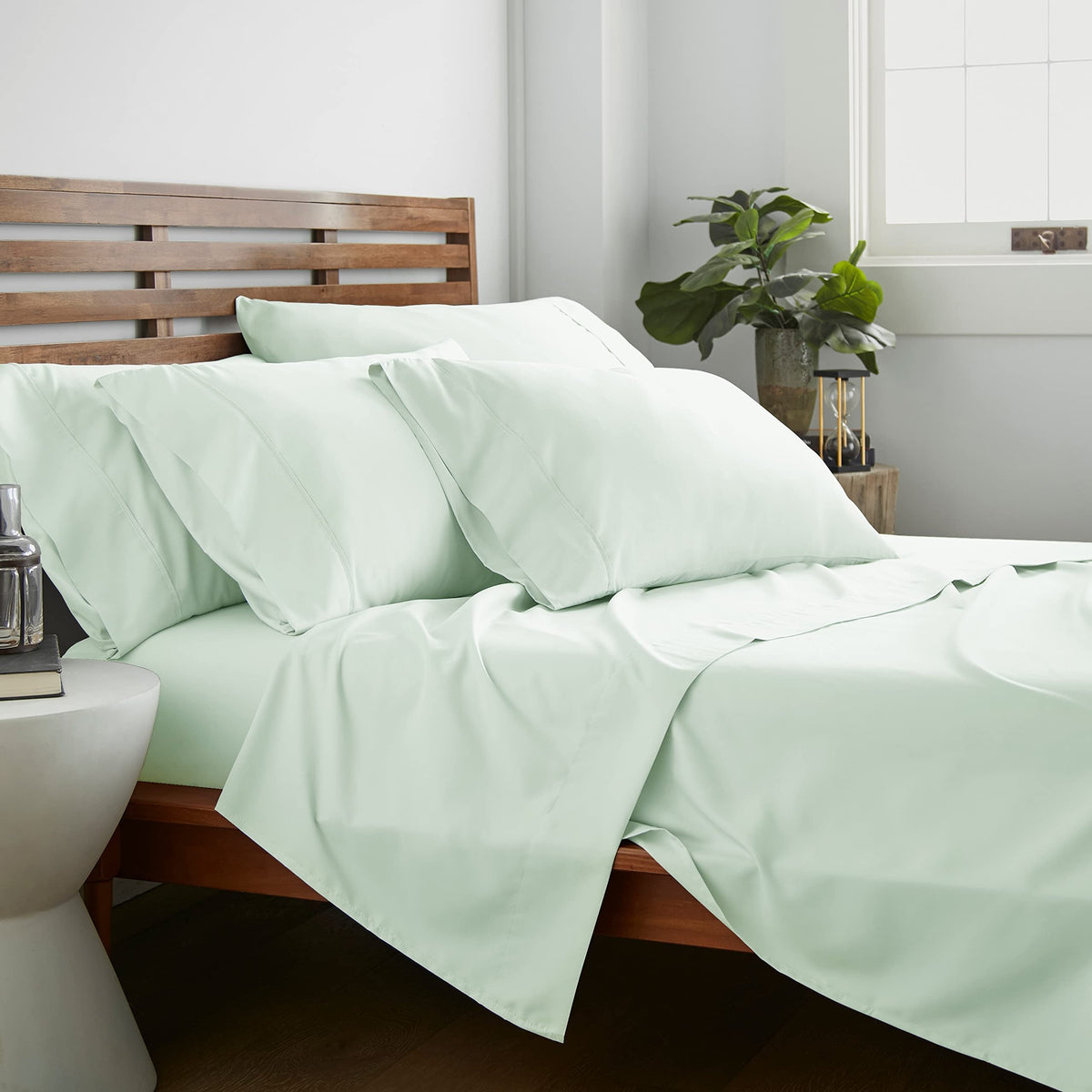 American Home Collection 6 Pieces Bed Sheet Set Brushed Microfiber 16 Inches Deep Pocket Wrinkle Free Light Green Sheets (Full,