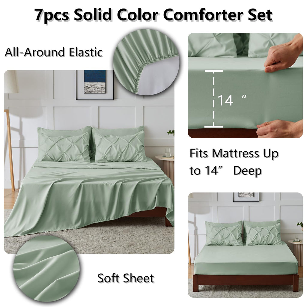 Himhimeet Sage Green Comforter Set Queen 7 Pieces Green Comforter Queen Bedding Set Pintuck Green Queen Comforter Set Pinch Plea