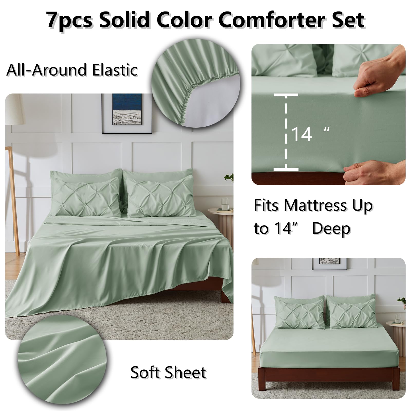 Himhimeet Sage Green Comforter Set Queen 7 Pieces Green Comforter Queen Bedding Set Pintuck Green Queen Comforter Set Pinch Plea