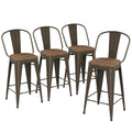 Yongqiang 24 Inch Bar Stools Set Of 4 Kitchen Counter Height Bar Chairs High Back Metal Barstools With Large Wooden Seat Industrial Rusty