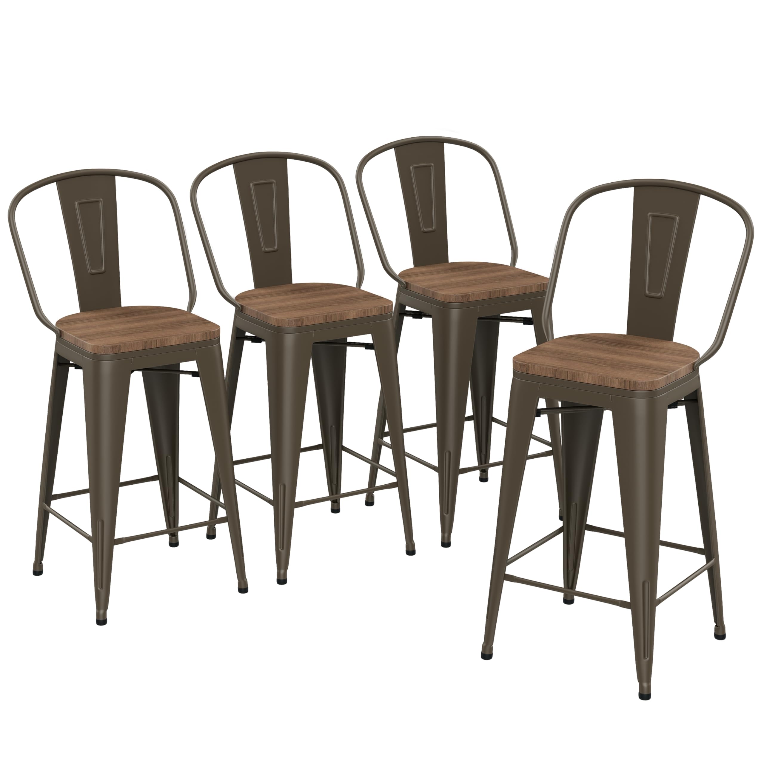 Yongqiang 24 Inch Bar Stools Set Of 4 Kitchen Counter Height Bar Chairs High Back Metal Barstools With Large Wooden Seat Industrial Rusty