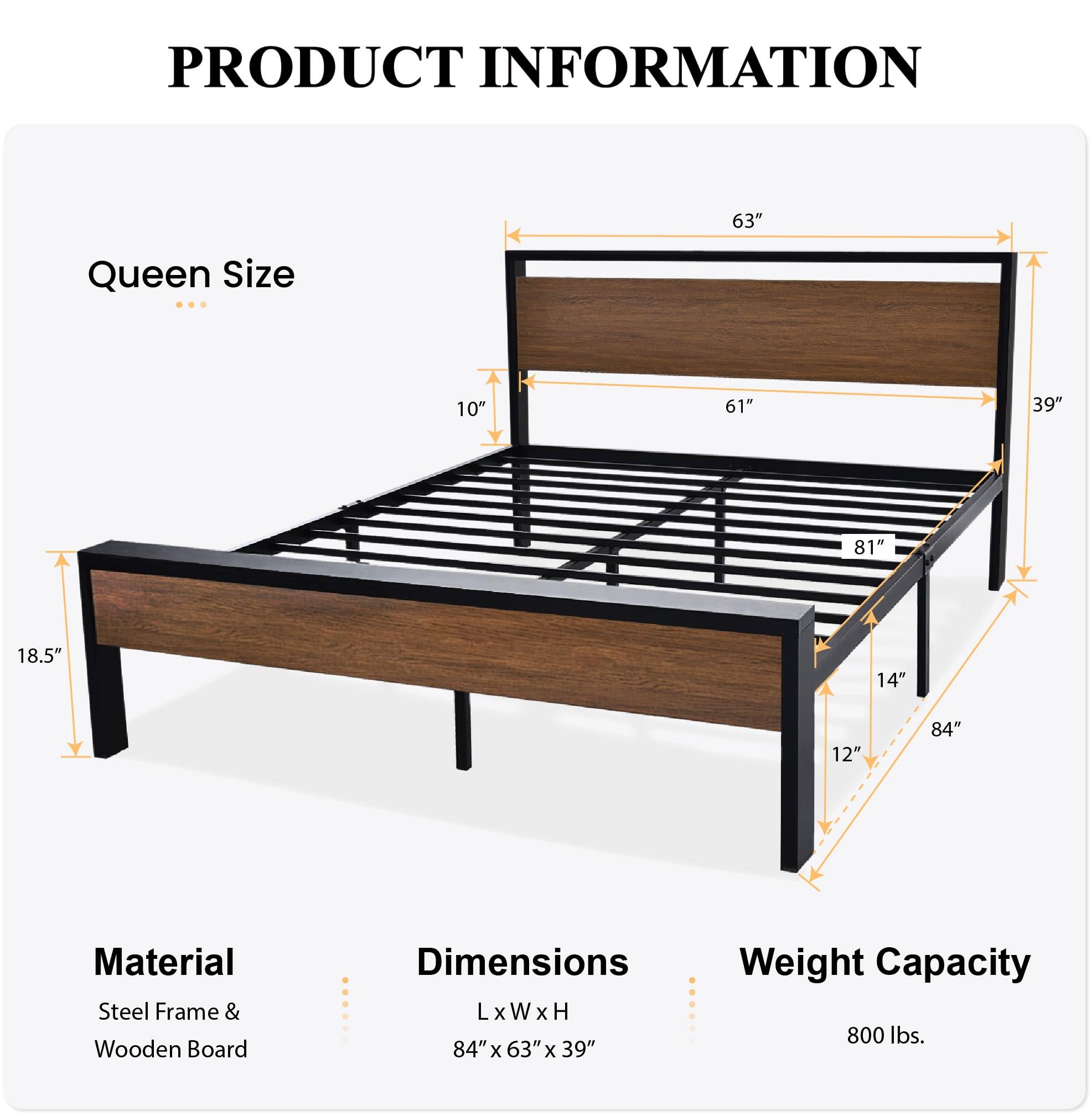 Sha Cerlin 14 Inch Queen Size Metal Platform Bed Frame With Wooden Headboard And Footboard, Mattress Foundation, No Box Spring Needed, Large Under Bed Storage, Non-Slip Without Noise, Walnut