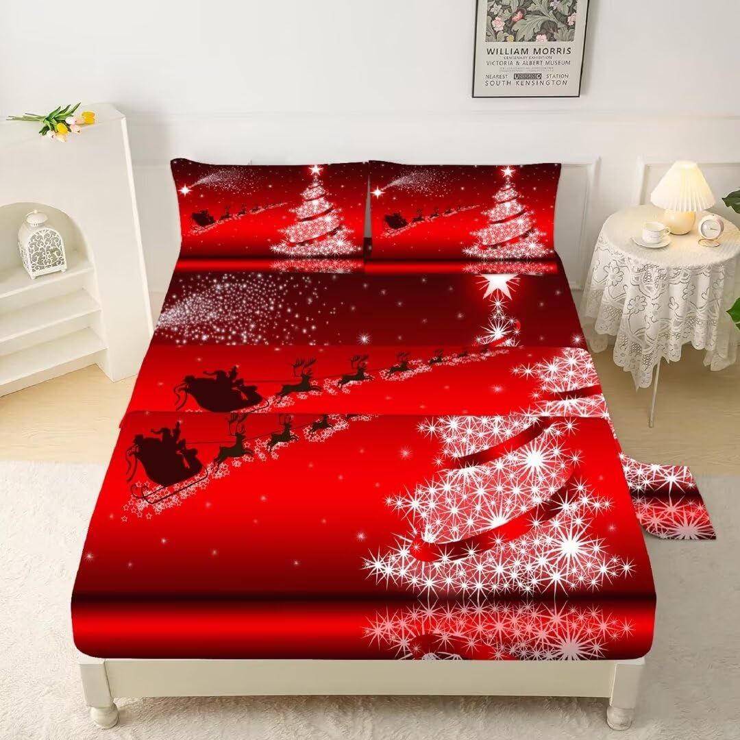 Kxry Merry Christmas Fitted Sheet Set Santa Claus Deer Christmas Tree Galaxy Red Bedding Set Twin Size For Girls Boys Kids 1 Fit