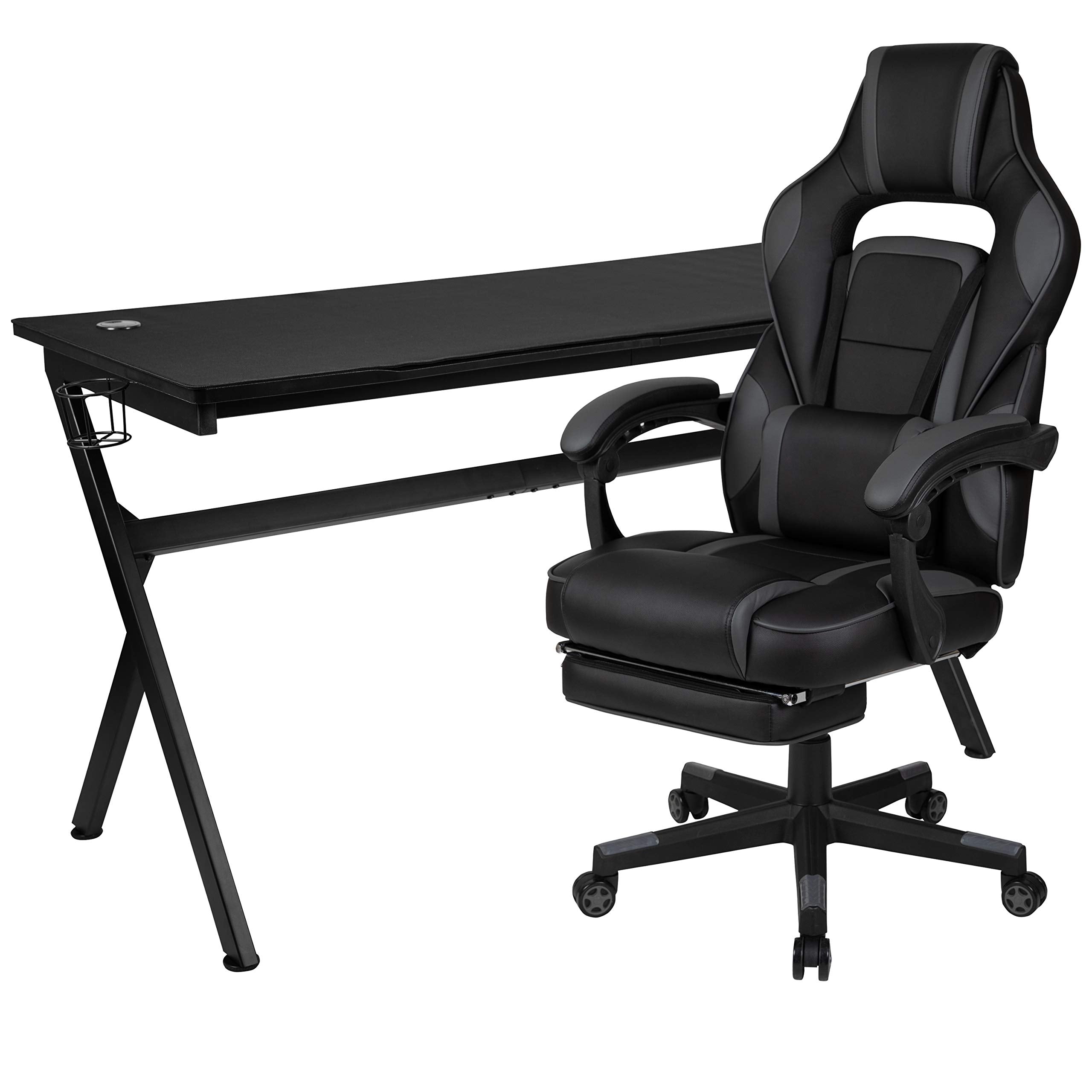 Flash Furniture Optis Gaming Desk with Cup Holder/Headphone Hook/Removable Mousepad Top & Black Reclining Back/Arms Gaming Chair with Footrest