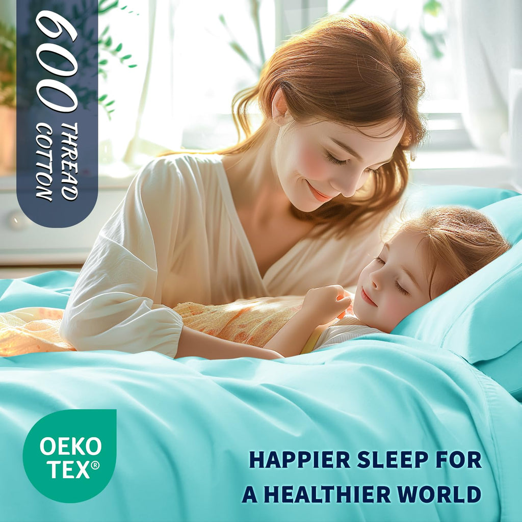 Shilucheng 100% Cotton King Size Sheets Set - 600 Thread Count,Luxury Egyptian Cotton Bed Sheets,5-Star Hotel Quality Sheets, Breathable & Cooling, 16 Inch Deep Pocket - 4 Piece (Seafoam, King)