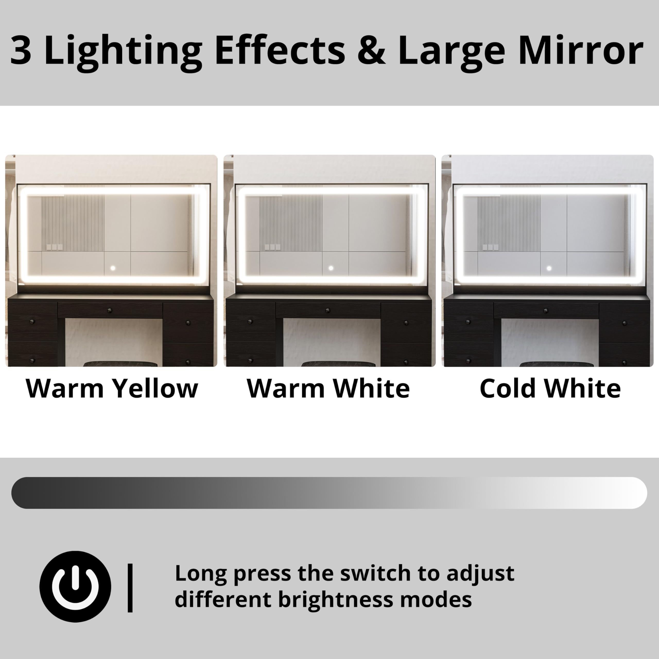 Ironck Vanity Makeup Desk Set With Led Lighted Mirror & Power Outlet, 7 Drawers Bedroom Vanities Table With Stool,Black