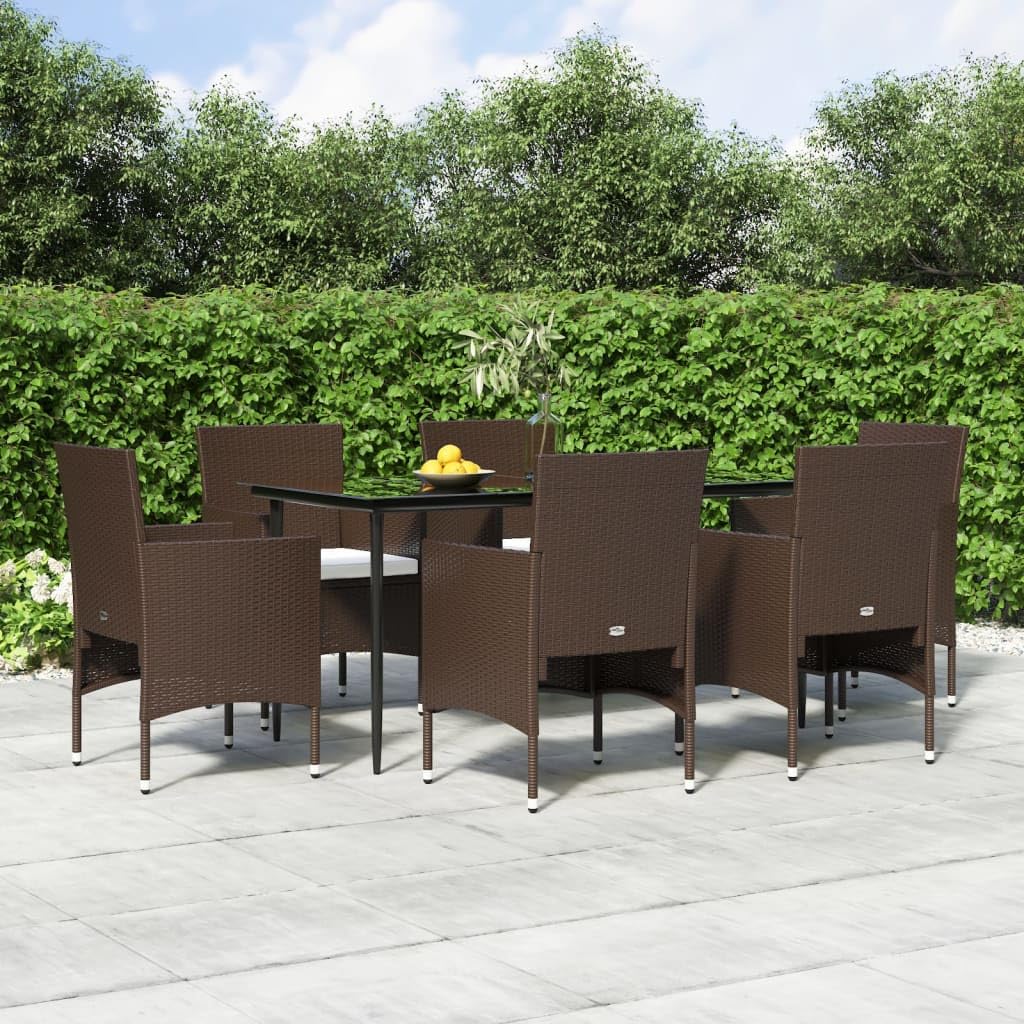 vidaXL 7-Piece Patio Dining Set - Weather-Resistant Outdoor Furniture with PE Rattan, Powder-Coated Steel Frames, Tempered Glass Tabletop - Brown and Black, Includes Cushions