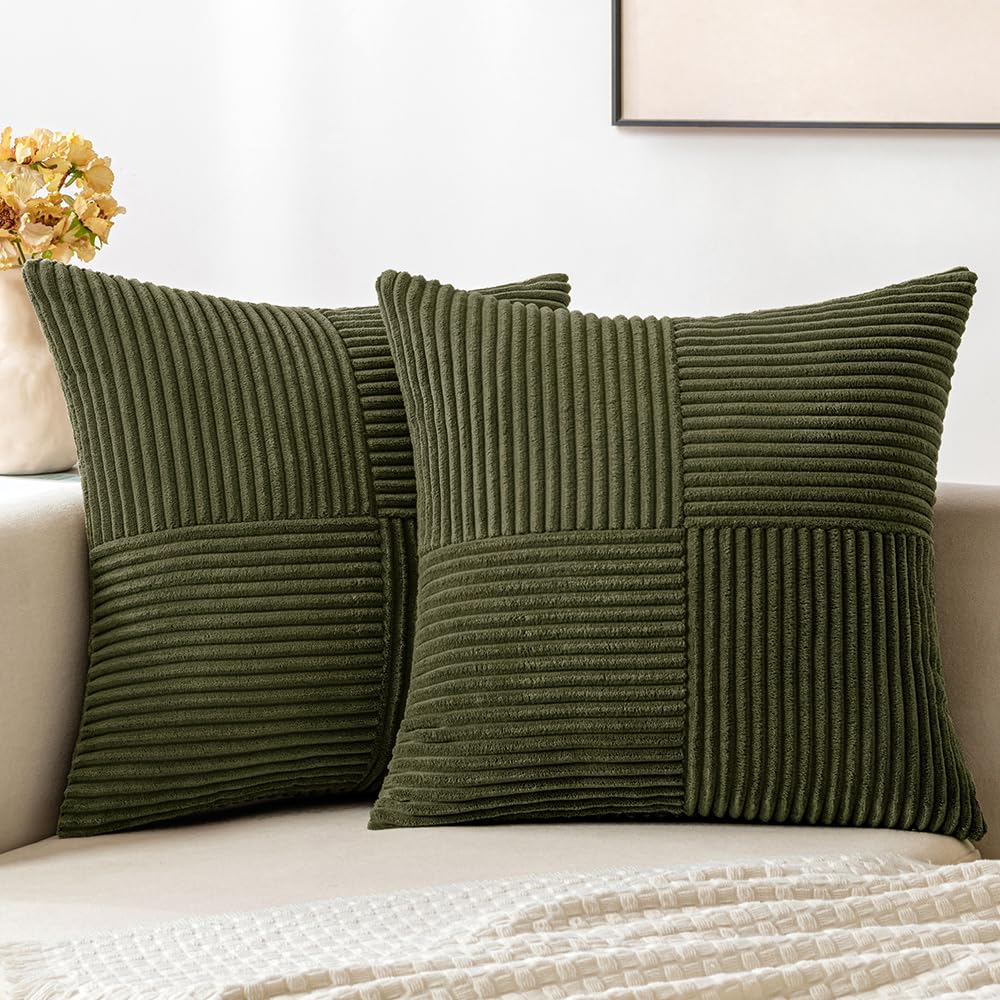 Miulee Olive Green Corduroy Pillow Covers Pack Of 2 Boho Decorative Spliced Throw Pillow Covers Soft Solid Couch Pillowcases Cro