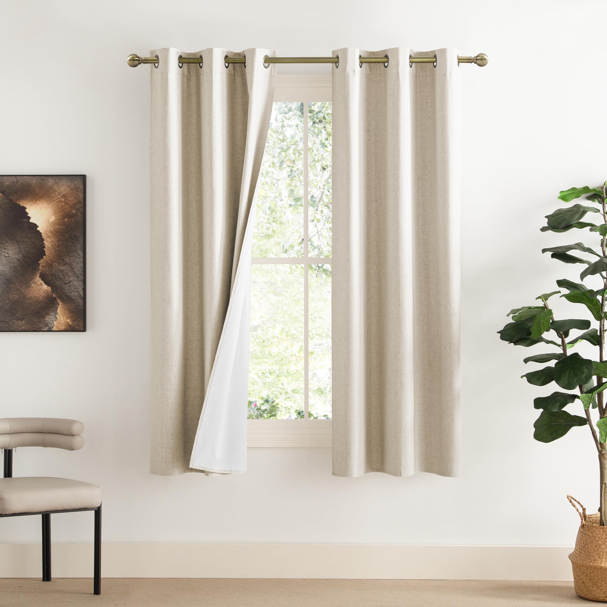 NICETOWN 100% Absolutely Blackout Linen Curtains with Thermal Insulated Liner, 42 Wide, 2 Panels, 72 Long Drapes, Grommet Retro 