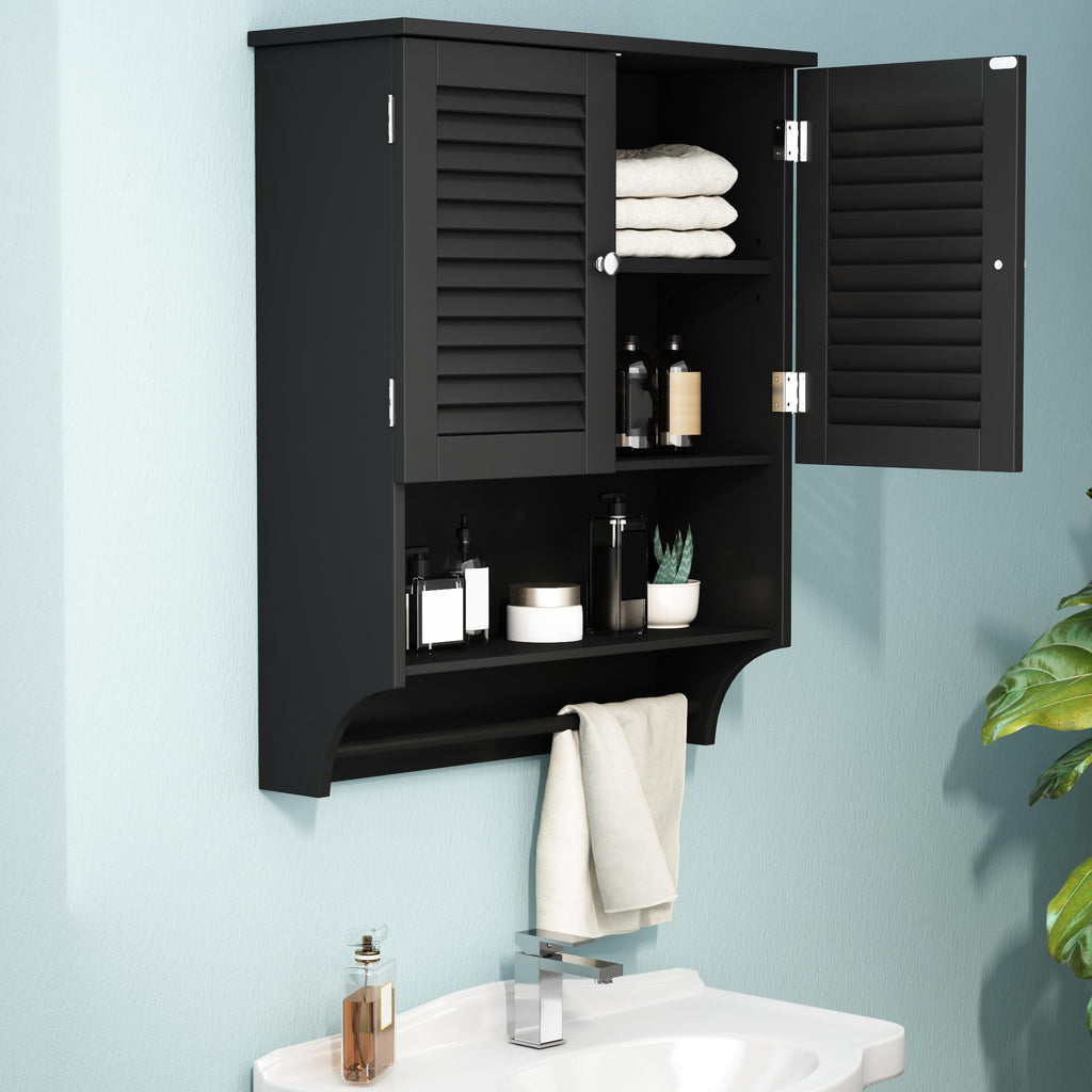 Choochoo Bathroom Wall Cabinet With Towels Bar, 23.6' L X7.9 W X27.5 H Mdf Material Medicine Cabinet, 2 Doors Over The Toilet Space Saver Storage Cabinet With Large Space, Black