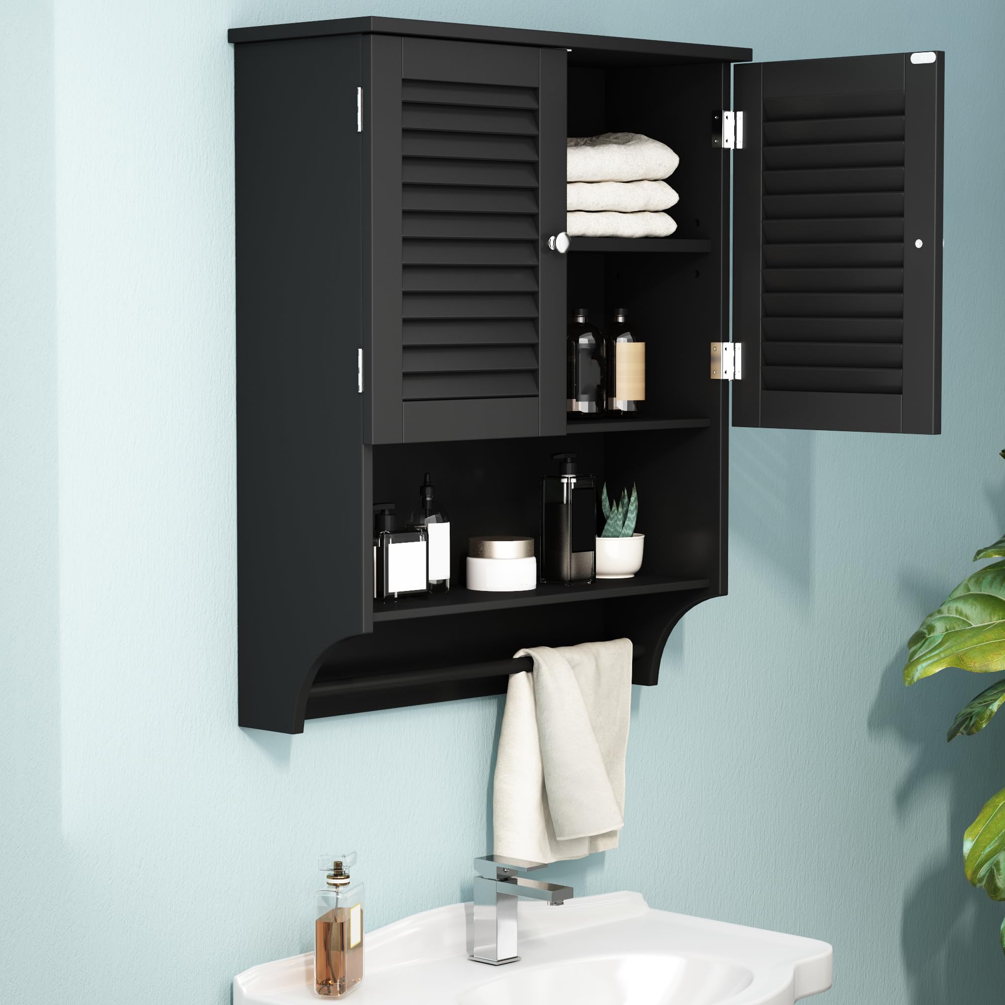 Choochoo Bathroom Wall Cabinet With Towels Bar, 23.6' L X7.9 W X27.5 H Mdf Material Medicine Cabinet, 2 Doors Over The Toilet Space Saver Storage Cabinet With Large Space, Black