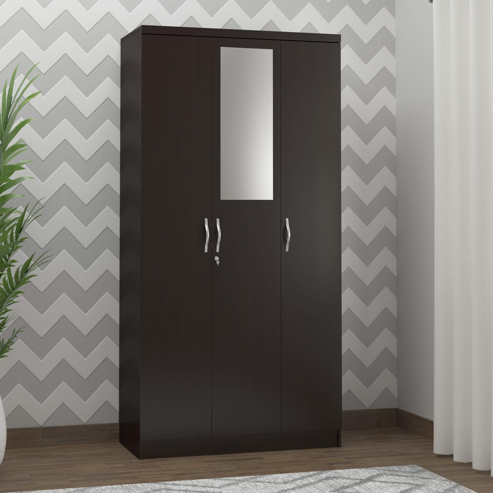 Deckup Cove 3 Door Engineered Wood Wardrobe With Mirror (Dark Wenge, Matte Finish)
