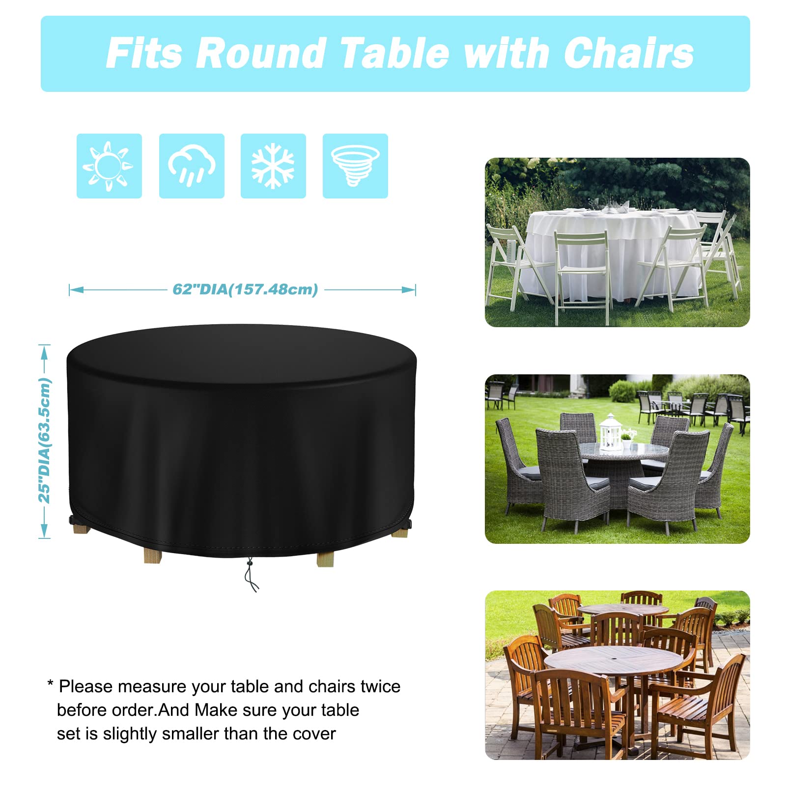 Round Patio Table Cover Waterproof, 62' Diax25' H Heavy Duty Oxford Fabric Outdoor Patio Furniture Cover Patio Table Chair Set Covers For Garden Round Table Dining Set, Black