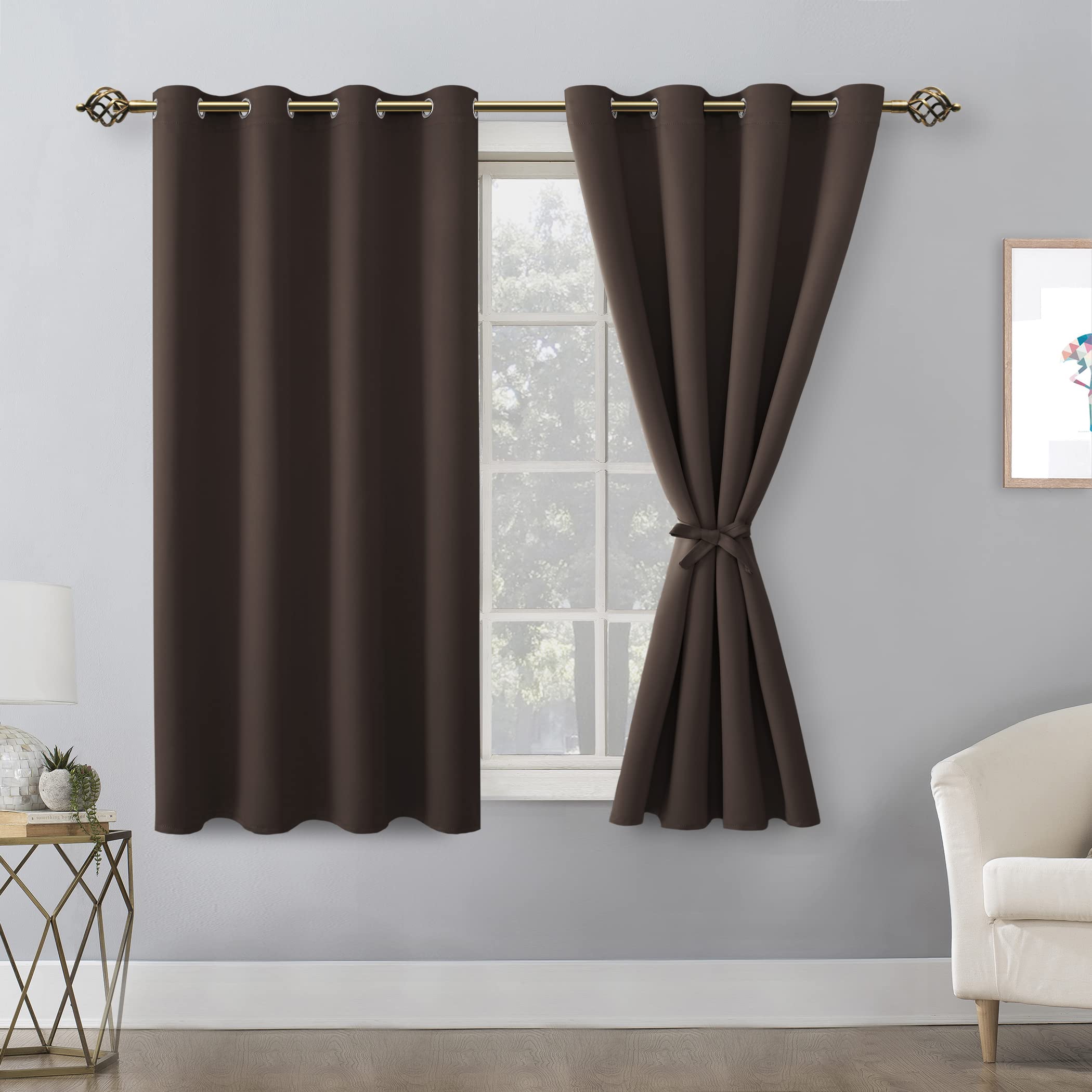 Hiasan Blackout Curtains For Bedroom, 52 X 54 Inches Long - Thermal Insulated & Light Blocking Window Curtains For Living Room, 2 Drape Panels Sewn With Tiebacks, Brown
