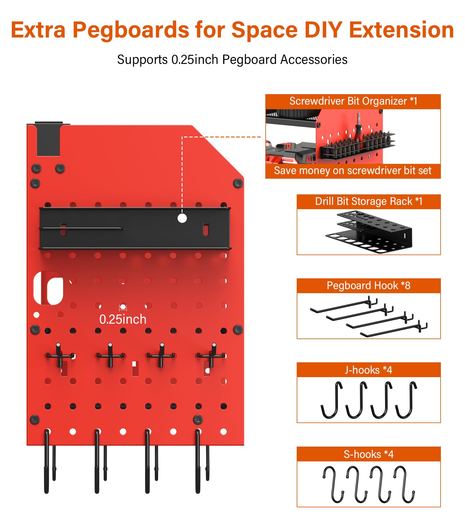 Junnuj Large Pegboard Power Tool Organizer With Charging Station, 8 Drills Driver And Tools Battery Holder Wall Mount With 8 Outlet Power Strip, Red 3-Layer Shop Garage Storage Utility Rack