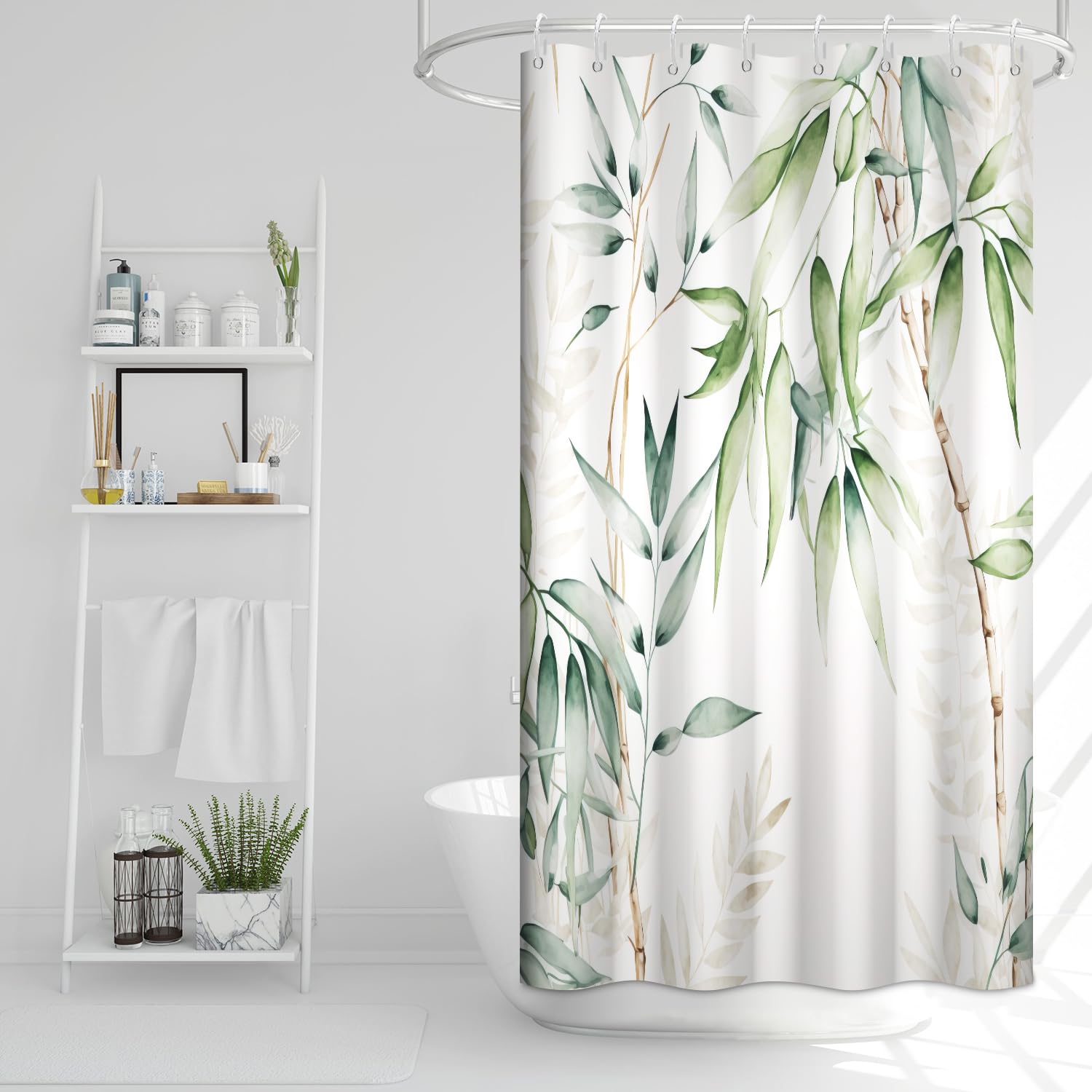 Ruelvth Stall Shower Curtain, Green Bamboo Small Shower Curtain Set Waterproof Fabric Aesthetic Green and White Botanical Bathro