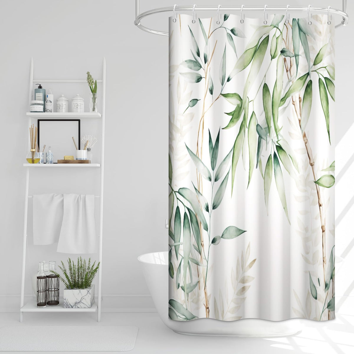 Ruelvth Stall Shower Curtain, Green Bamboo Small Shower Curtain Set Waterproof Fabric Aesthetic Green and White Botanical Bathro