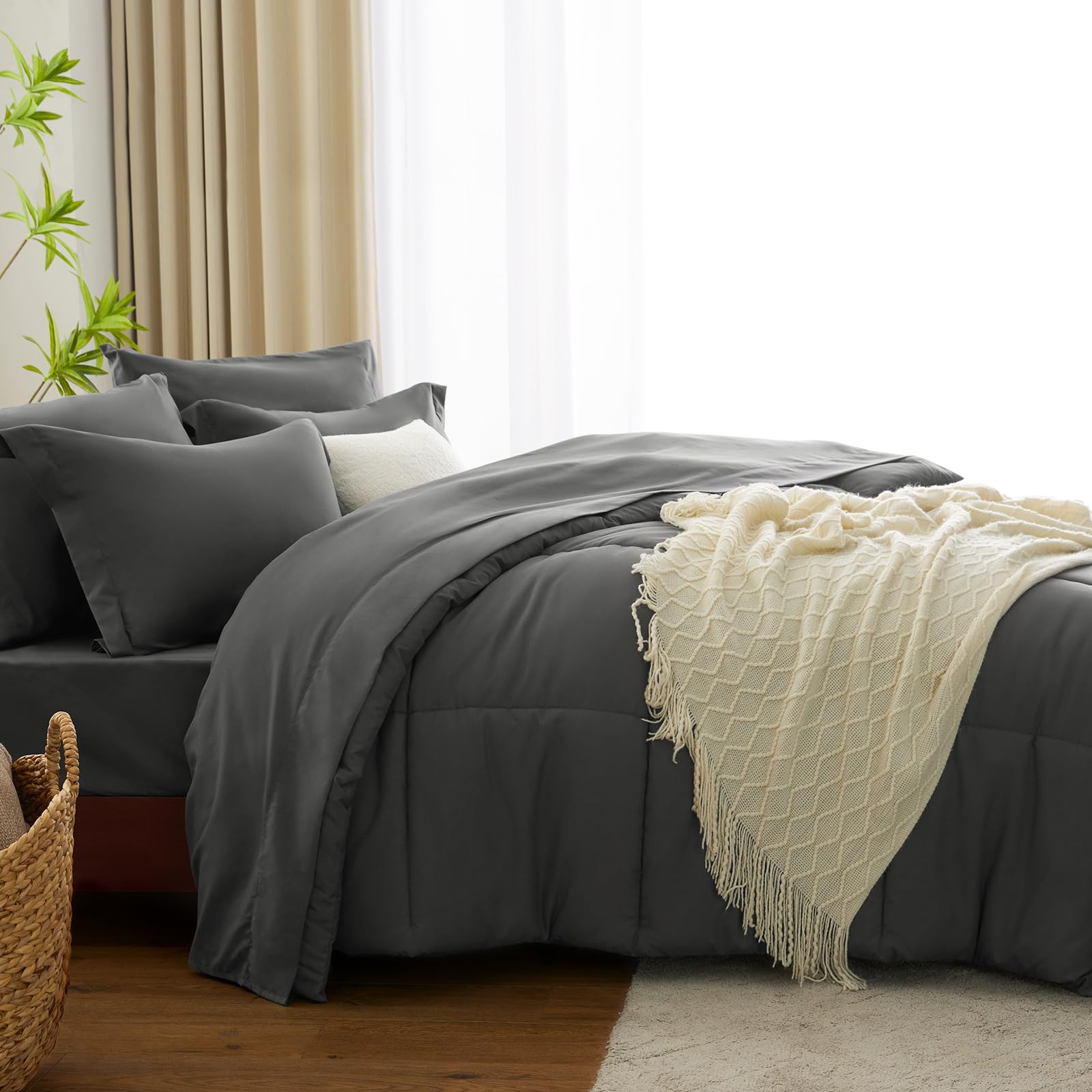 Cozylux King Size Comforter Set - 7 Pieces Bed In A Bag King, Complete Bedding Sets Bed Set For All Season With Comforter, Flat Sheets, Fitted Sheet, Pillowcases & Shams Dark Grey