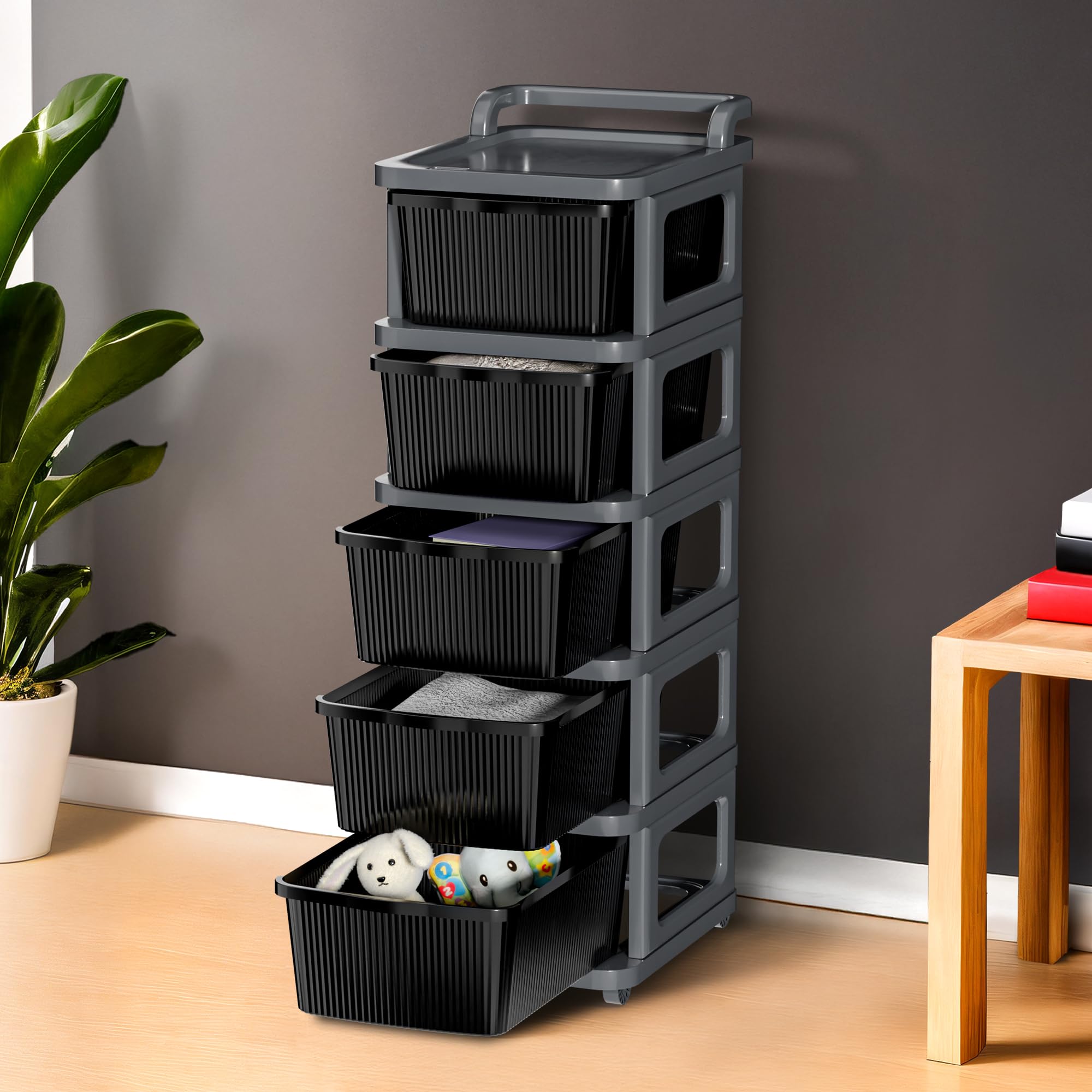 Kuber Industries 5 Layer Heavy Duty Plastic Storage Drawer With Wheels | Modular Cabinet For Bedroom, Office, Home | Chest Of Dr