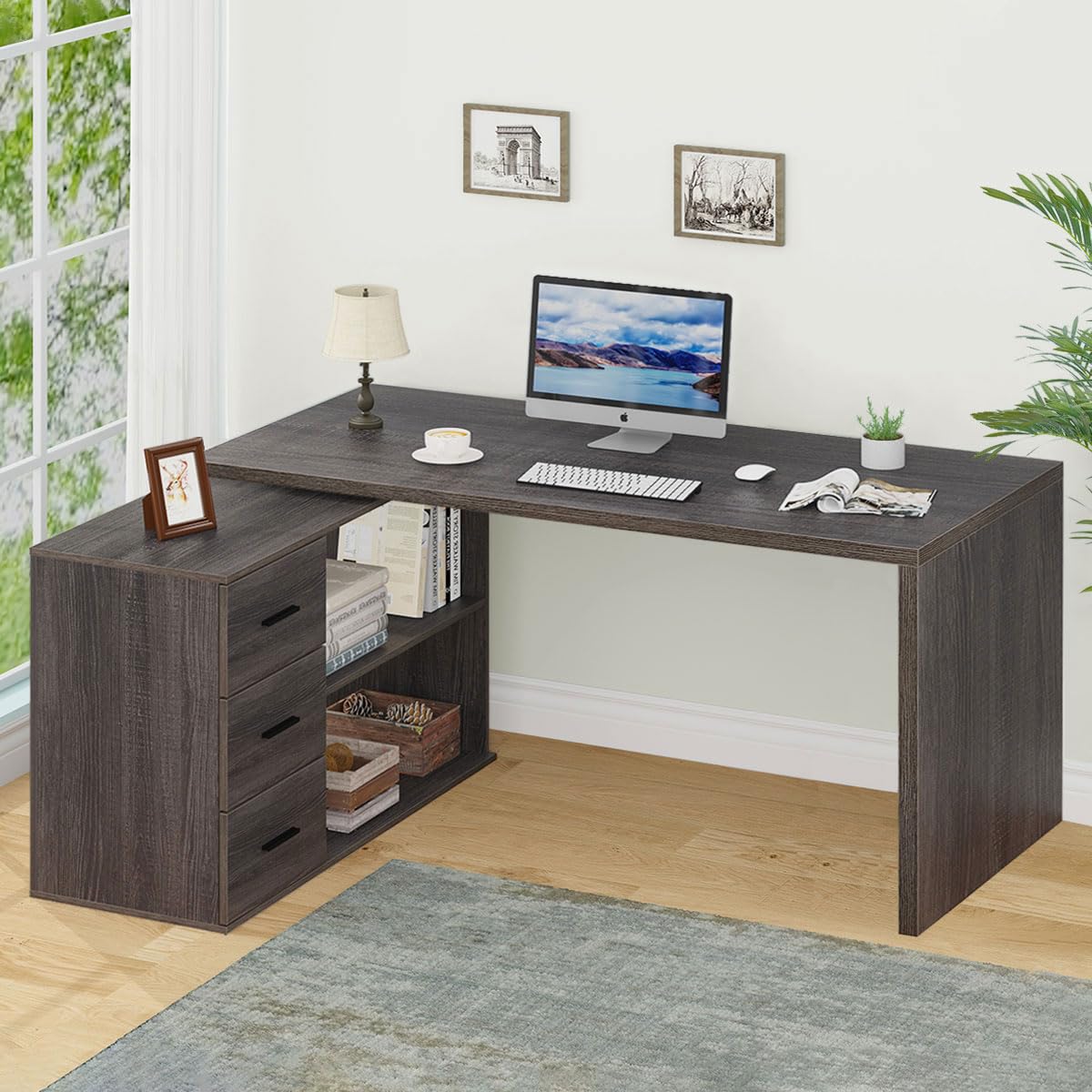 Hsh L Shaped Computer Desk With Drawers, L Shaped Desk With Storage Cabinet Shelves, Large Reversible Corner Executive Home Office Desk, Industrial Wood Work Writing Study Table Workstation,Gray 60 In