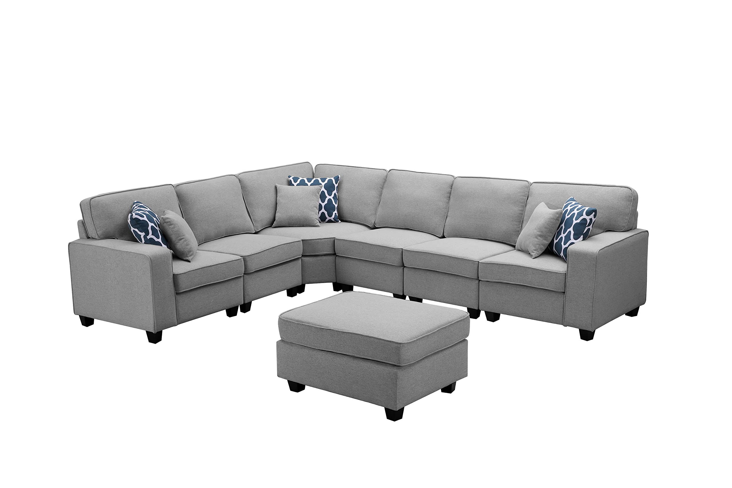 Lilola Home Casanova Light Gray Linen 7Pc Modular L-Shape Sectional Sofa with Ottoman