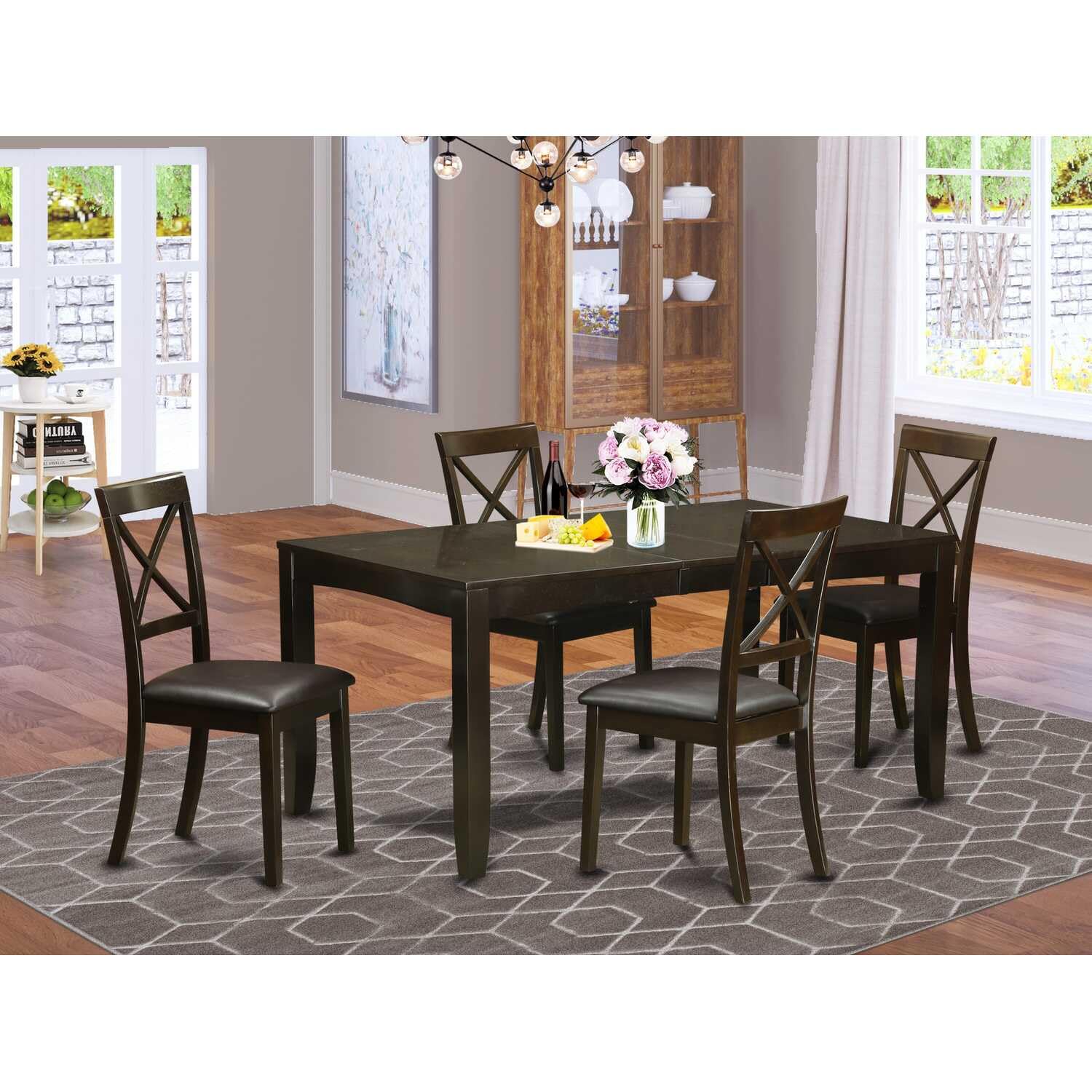 East West Furniture Lybo5-Cap-Lc 5 Pc Dining Room Set-Dining Table With Leaf And 4 Chairs For Dining Room