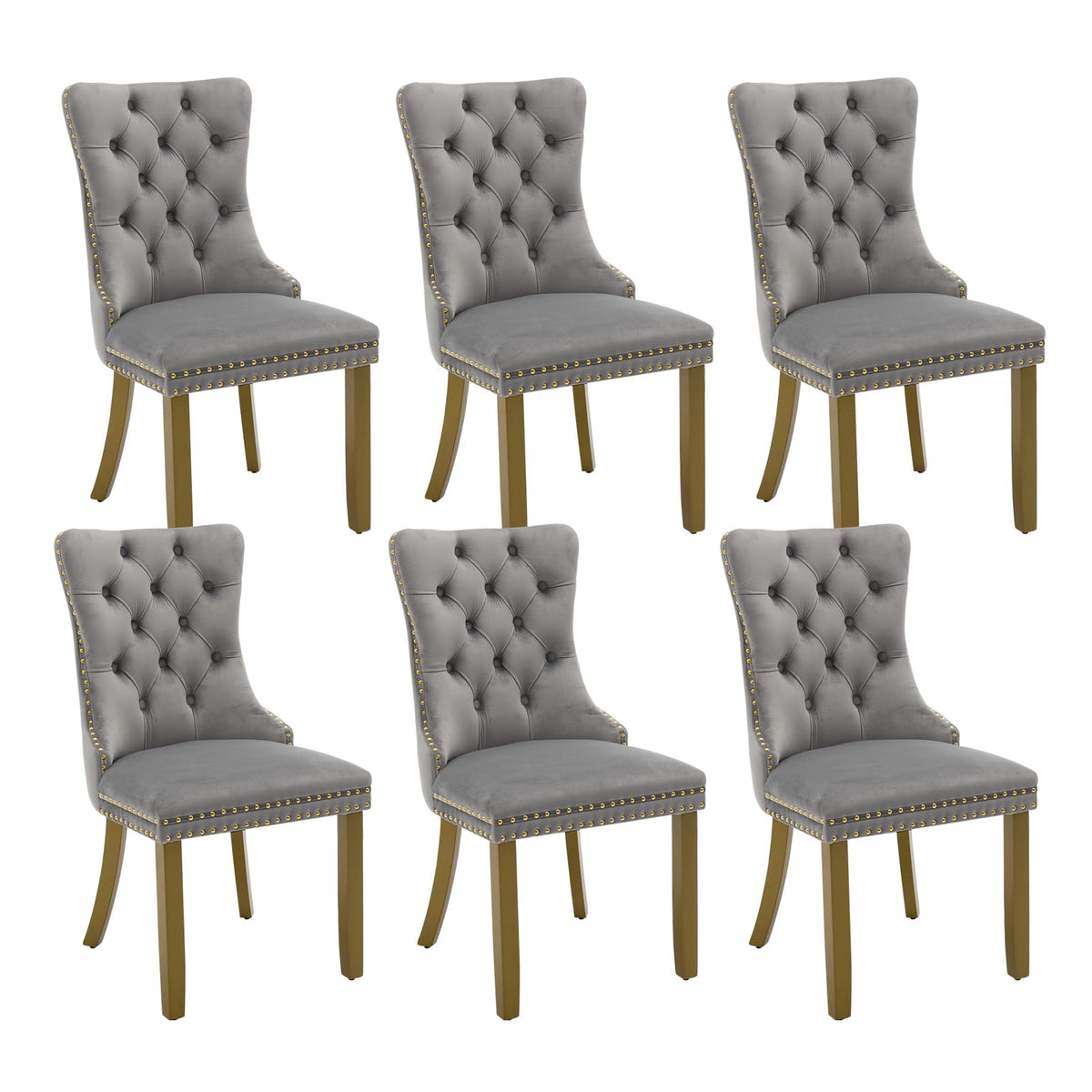 Velvet Dining Chairs Set Of 6, Kitchen & Dining Room Chairs, Upholstered Dining Chairs With Back Ring Pull And Golden Solid Wood