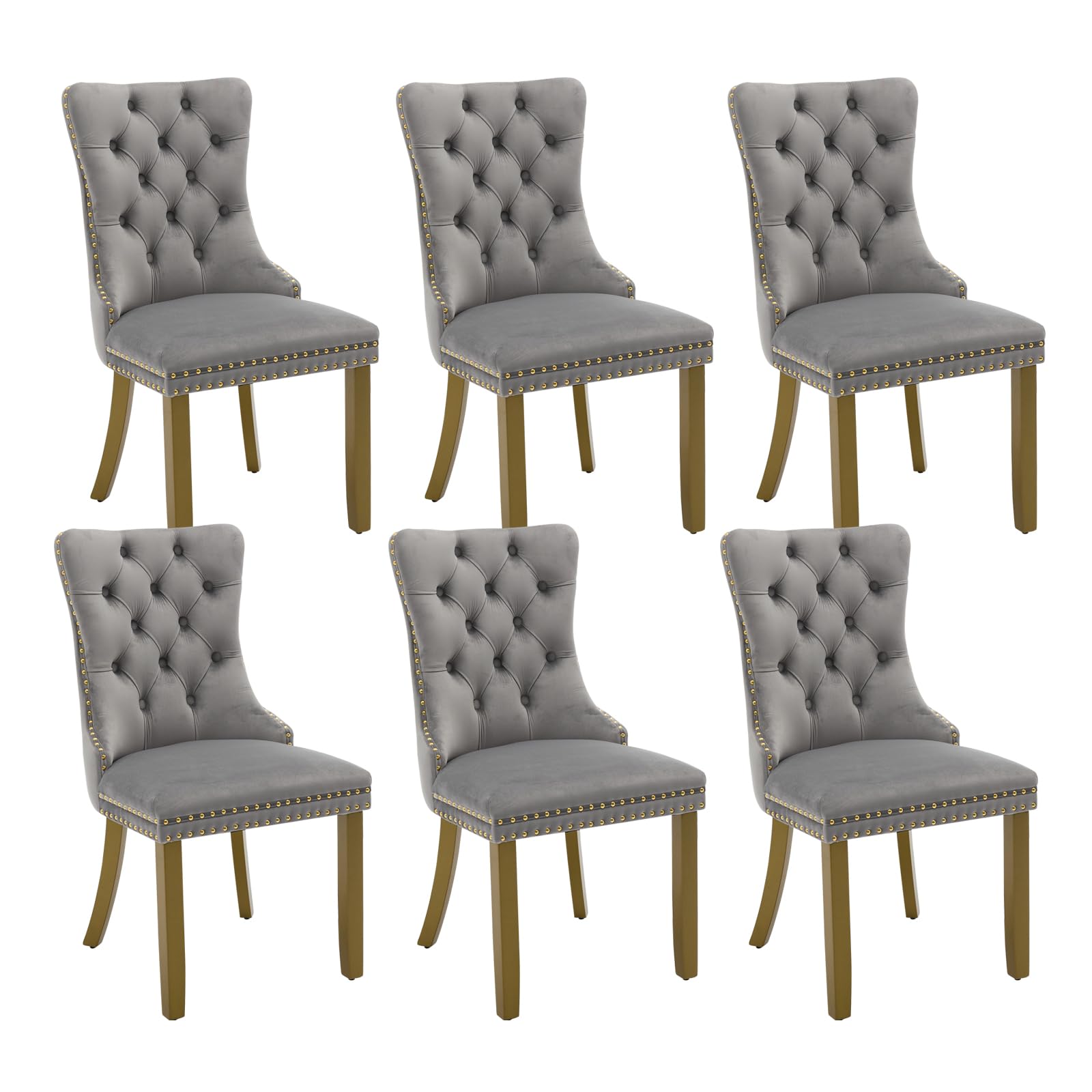 Velvet Dining Chairs Set Of 6, Kitchen & Dining Room Chairs, Upholstered Dining Chairs With Back Ring Pull And Golden Solid Wood