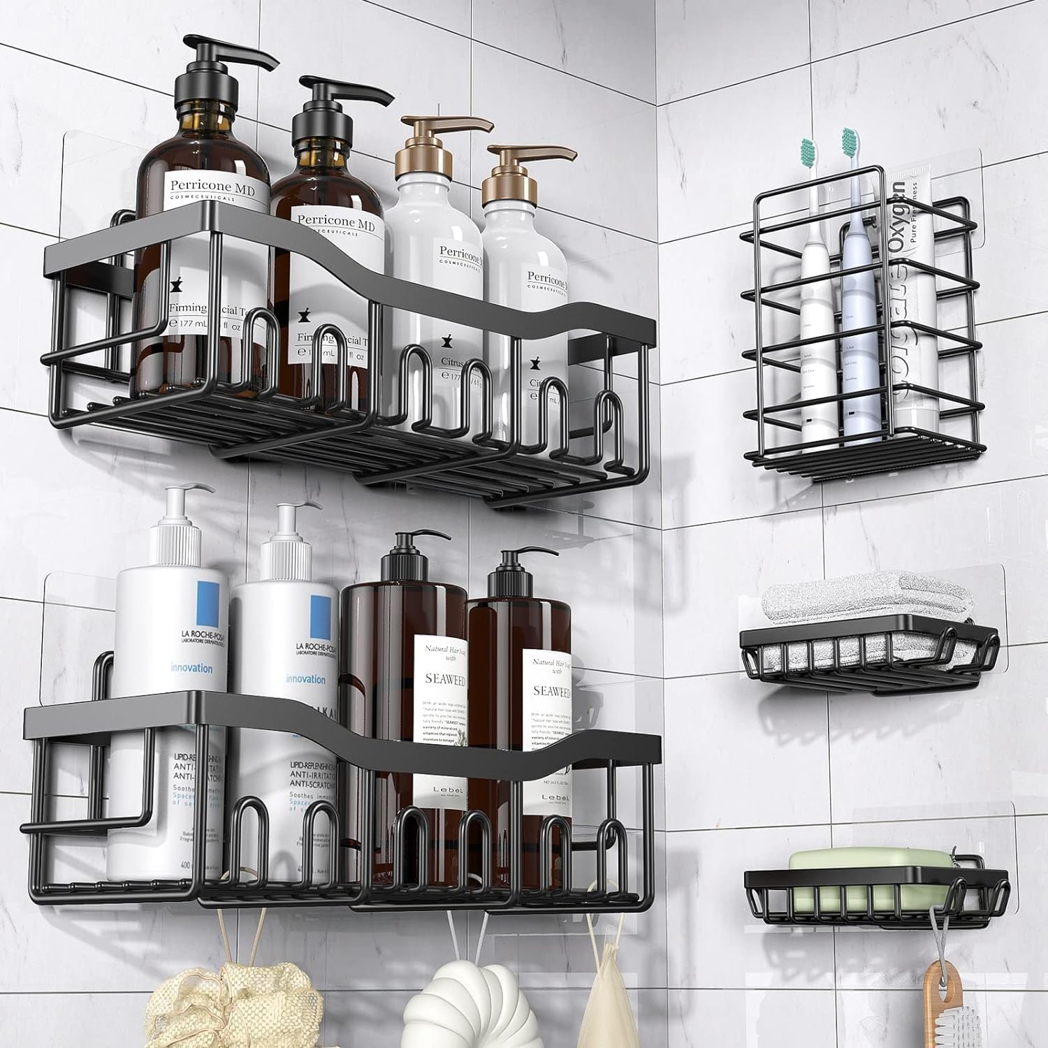 Istar 5 Pcs Wall Mounted Self Adhesive Bathroom Shelf Set With Toothbrush Holder & Hooks | RustProof Shower Caddy |Multipurpose
