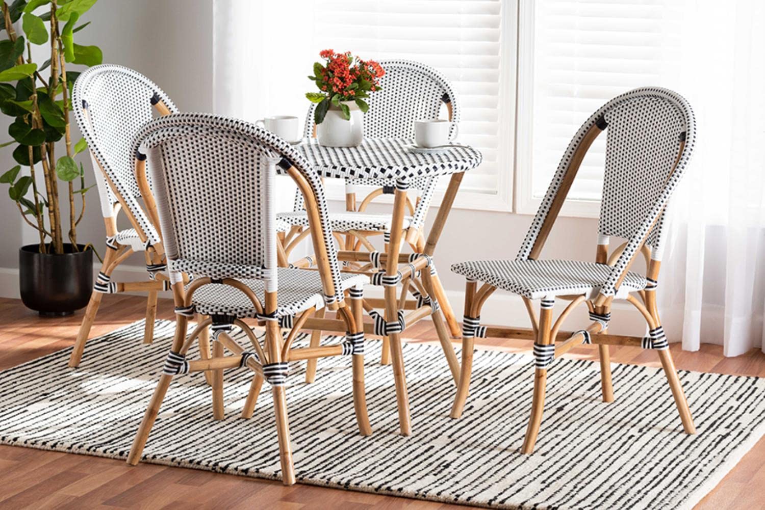 Baxton Studio Genica Classic French Black and White Weaving and Natural Brown Rattan 5-Piece Dining Set