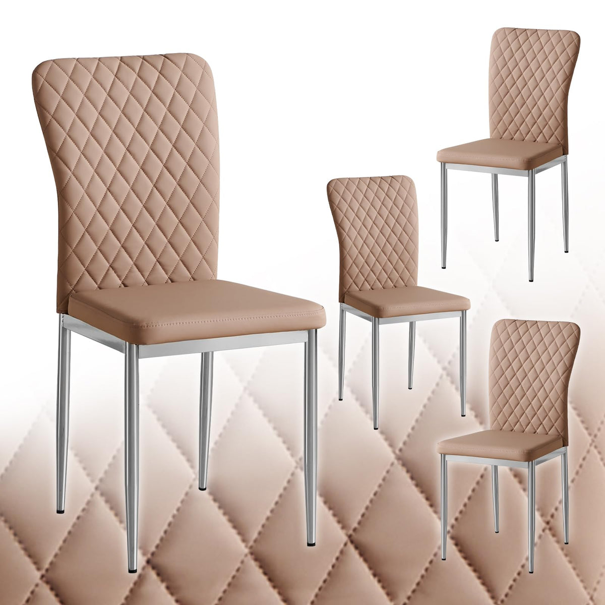 Fenzard Dining Chairs Set Of 4 Pu Leather Kitchen Living Room Chairs High Back Chrome Legs Modern Lattice Design,Latte