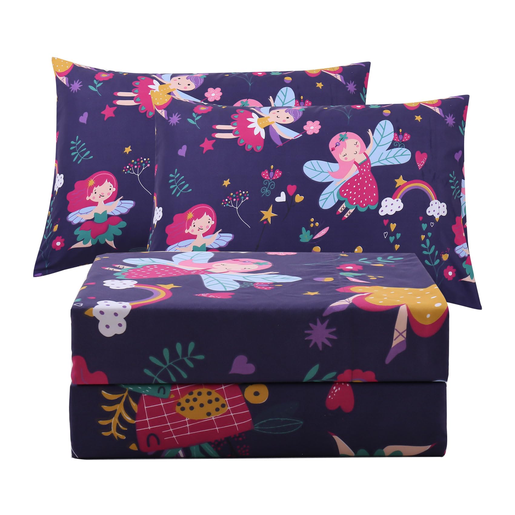 Jsd Fairy Floral Kids Sheet Set Full Size, 4 Piece Girls Navy Printed Microfiber Sheets Deep Pocket