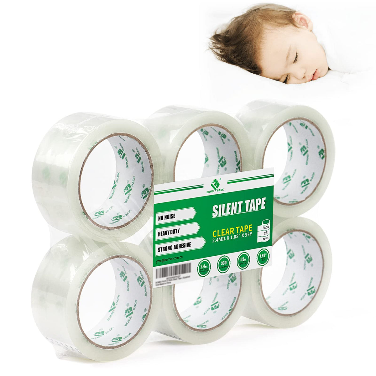 Bomei Pack No Noise Silent Packing Tape 6 Rolls 1.88' X 55 Yards, Industrial Heavy Duty Packaging Tape For Packing Shipping Mov