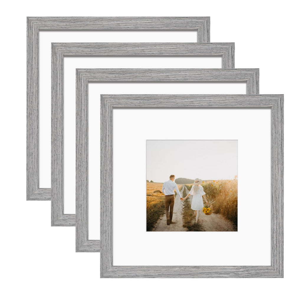 KINLINK Square 10x10 Picture Frames Grey, Solid Wood Frames with Acrylic Plexiglass for Pictures 6x6 With Mat Tabletop and Wall 
