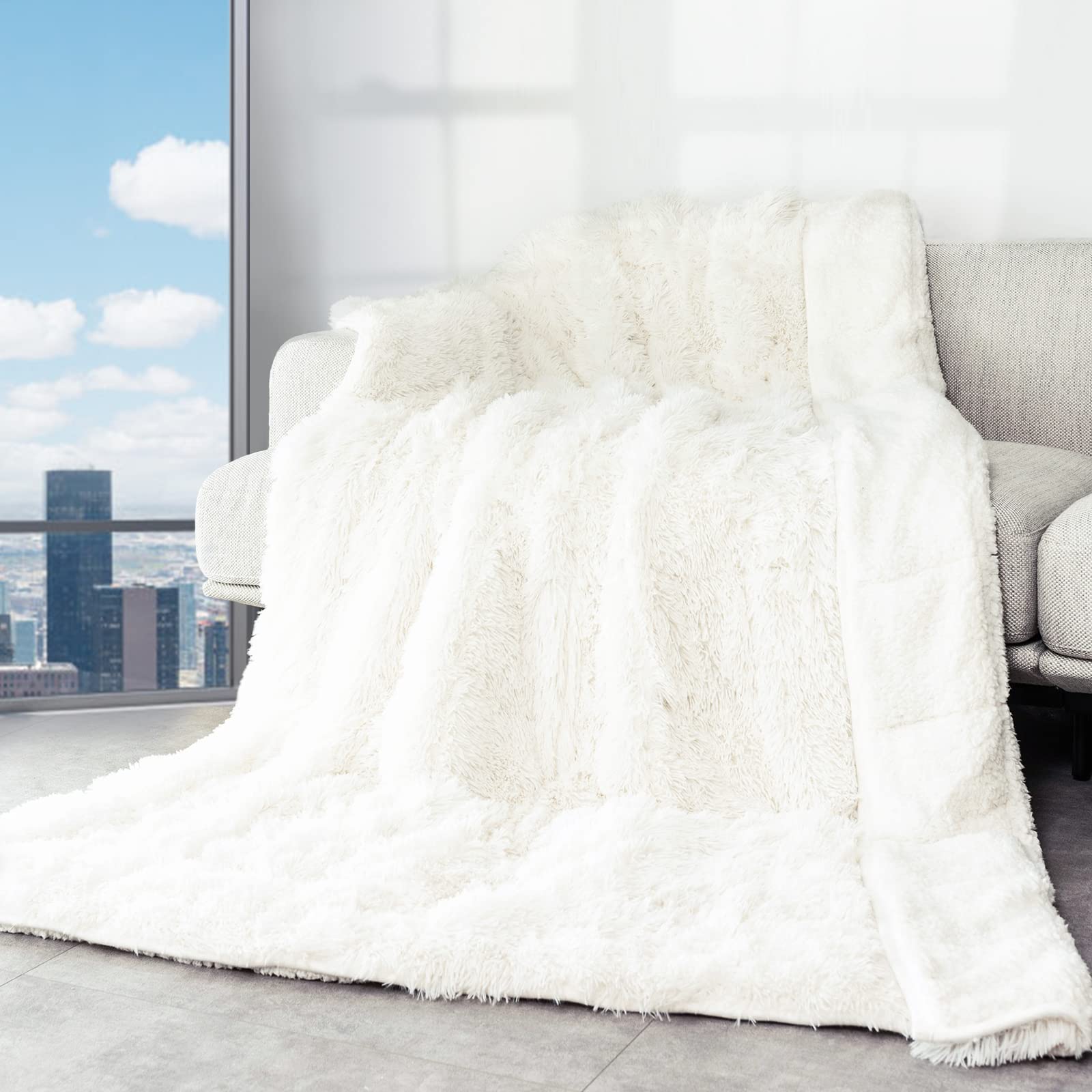 Cottonblue Weighted Blanket 15Lbs, Sherpa Faux Fur Reversible Luxury Snugly Long Fur Warm Heavy Blanket 60X80 Inches,Super Soft