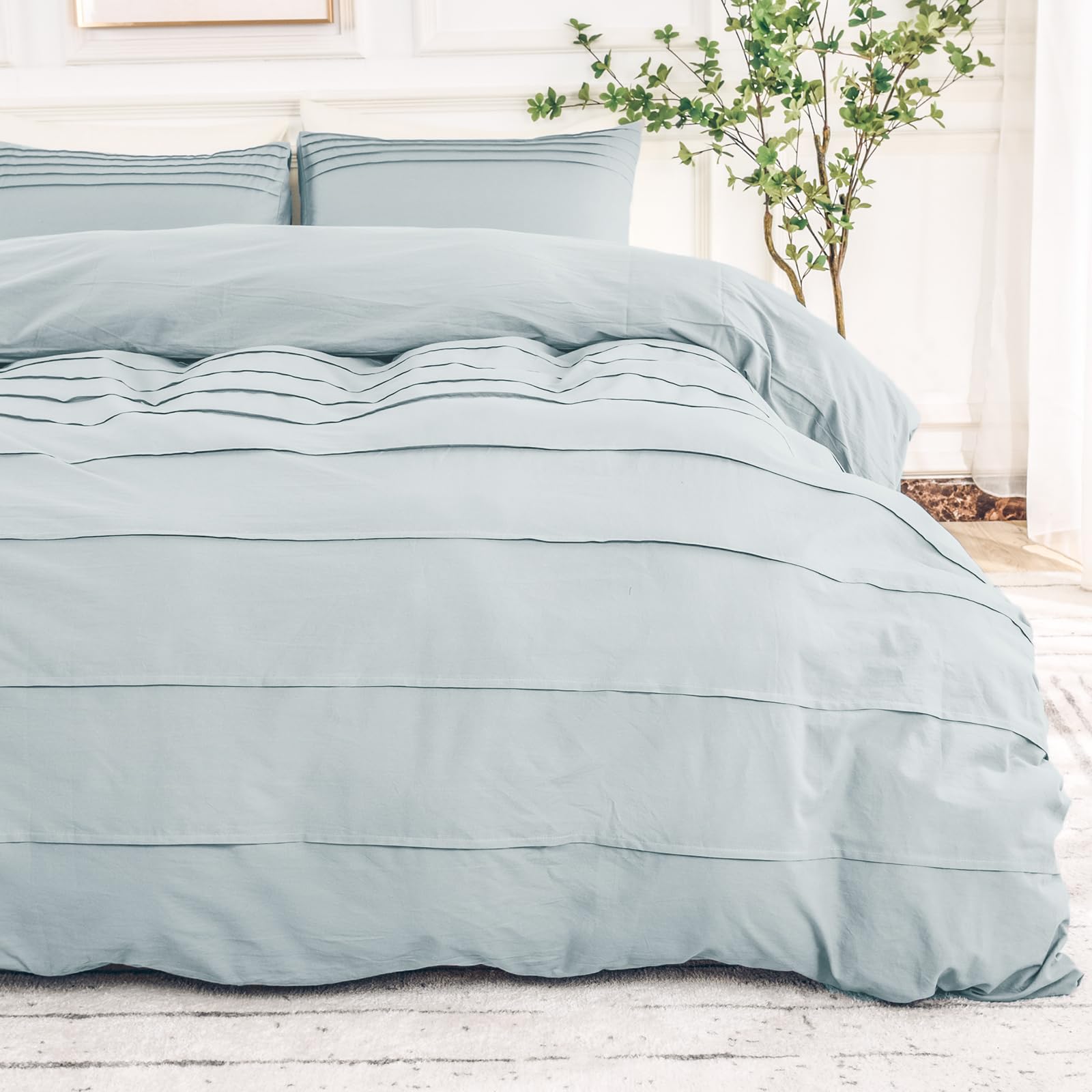 Nexhome Pro 100% Washed Cotton Duvet Cover King Size, Pleated Textured Duvet Cover Set Azure Blue, 3 Pieces Bedding Set With Zip