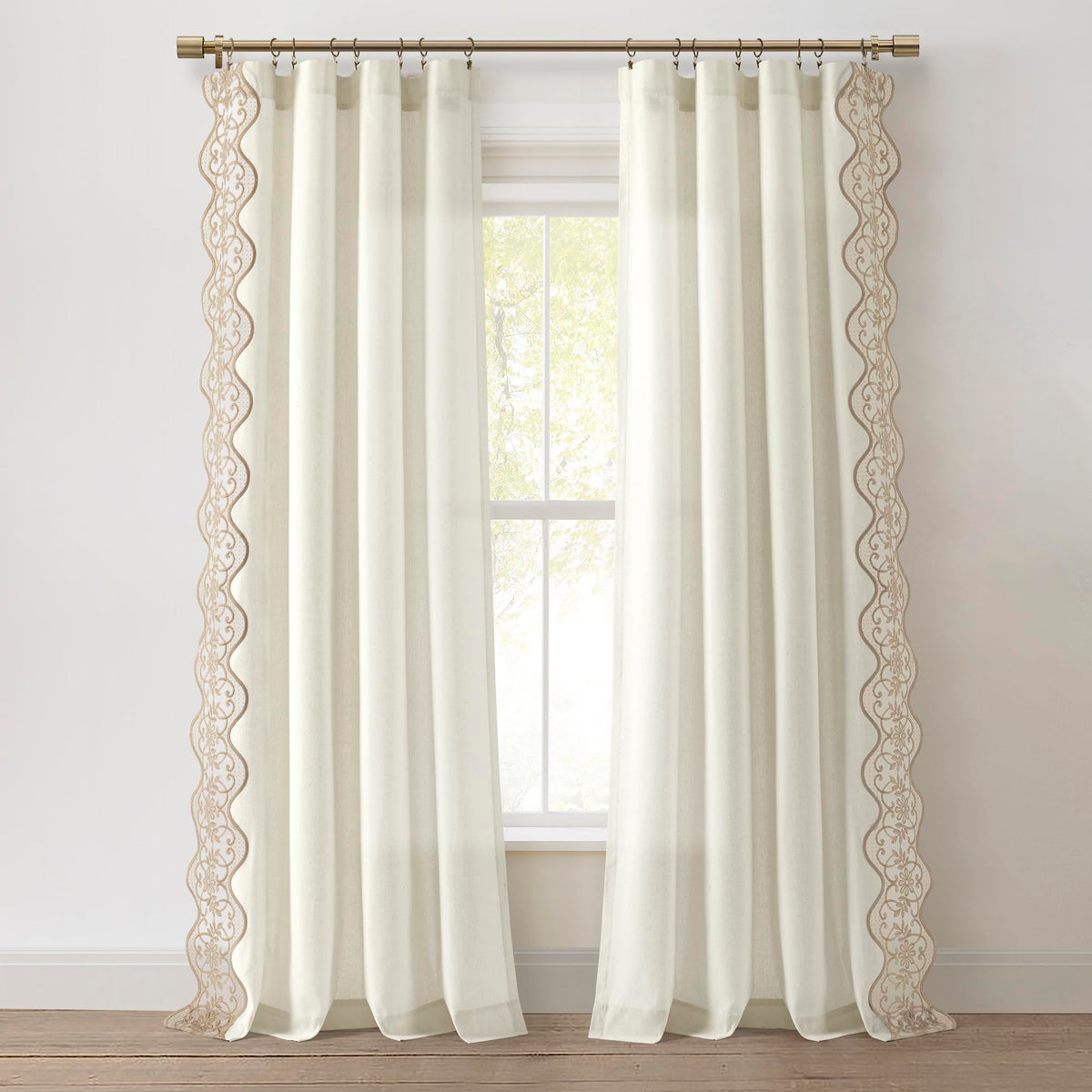 Lush Decor Scallop Edge Lace Border Window Curtain Panel, Single, 52 W x 84 L, Off White & Neutral  Lace Curtains  Scalloped