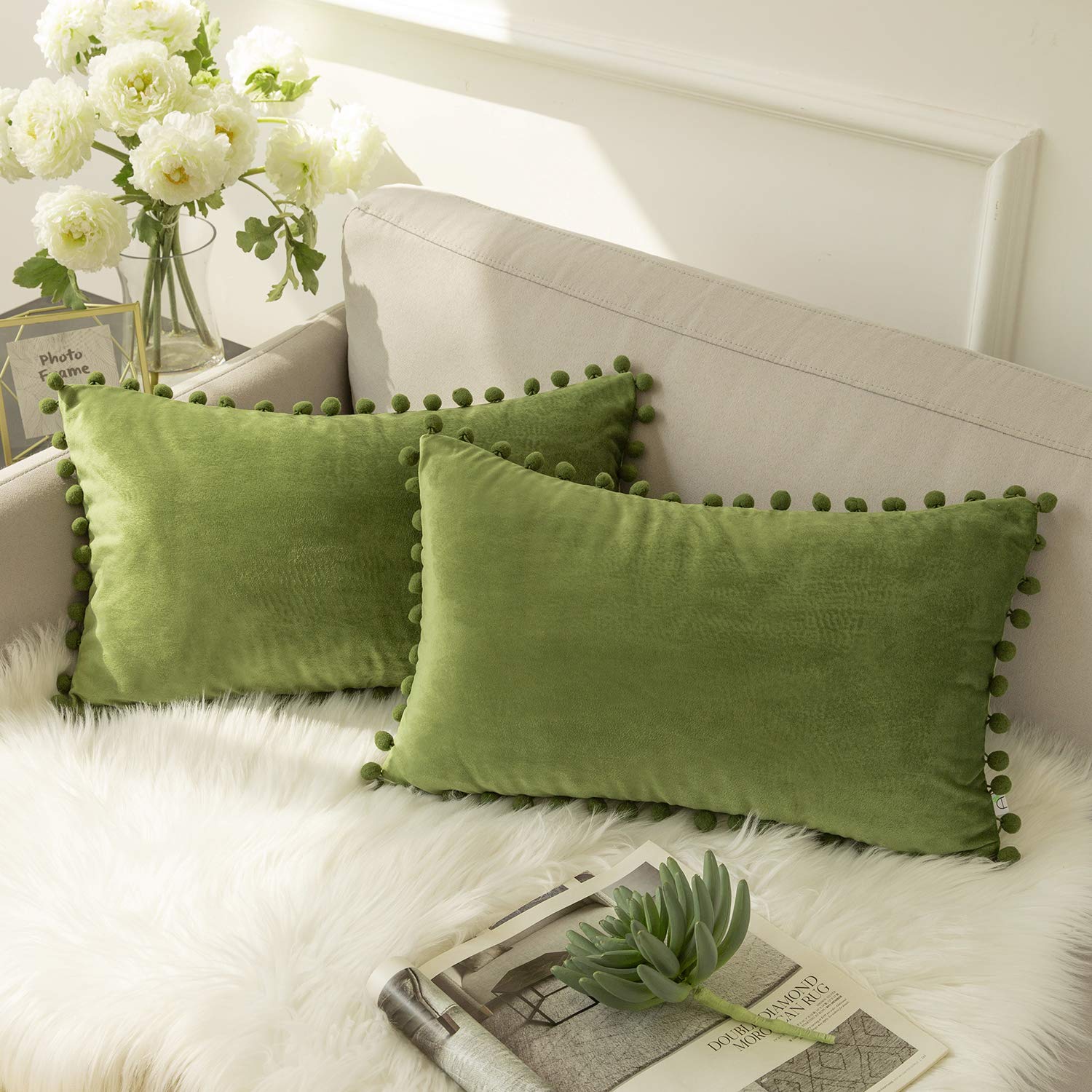 Ashler Throw Pillow Cases With Soft Pom Poms Velvet Plush Vibrant Elegant Cushion Covers, Pack Of 2, Green 12 X 20 Inches 30 X 5