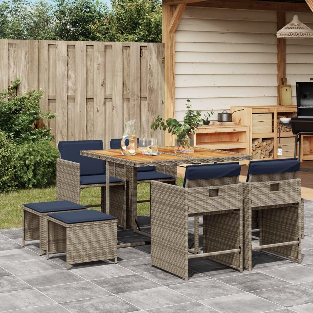 vidaXL Patio Dining Set with Cushions - Gray Poly Rattan - Garden/Backyard Furniture - 9 Piece Set - Acacia Wood Tabletop - Foldable & Space-Saving Chairs - Navy Blue Cushions