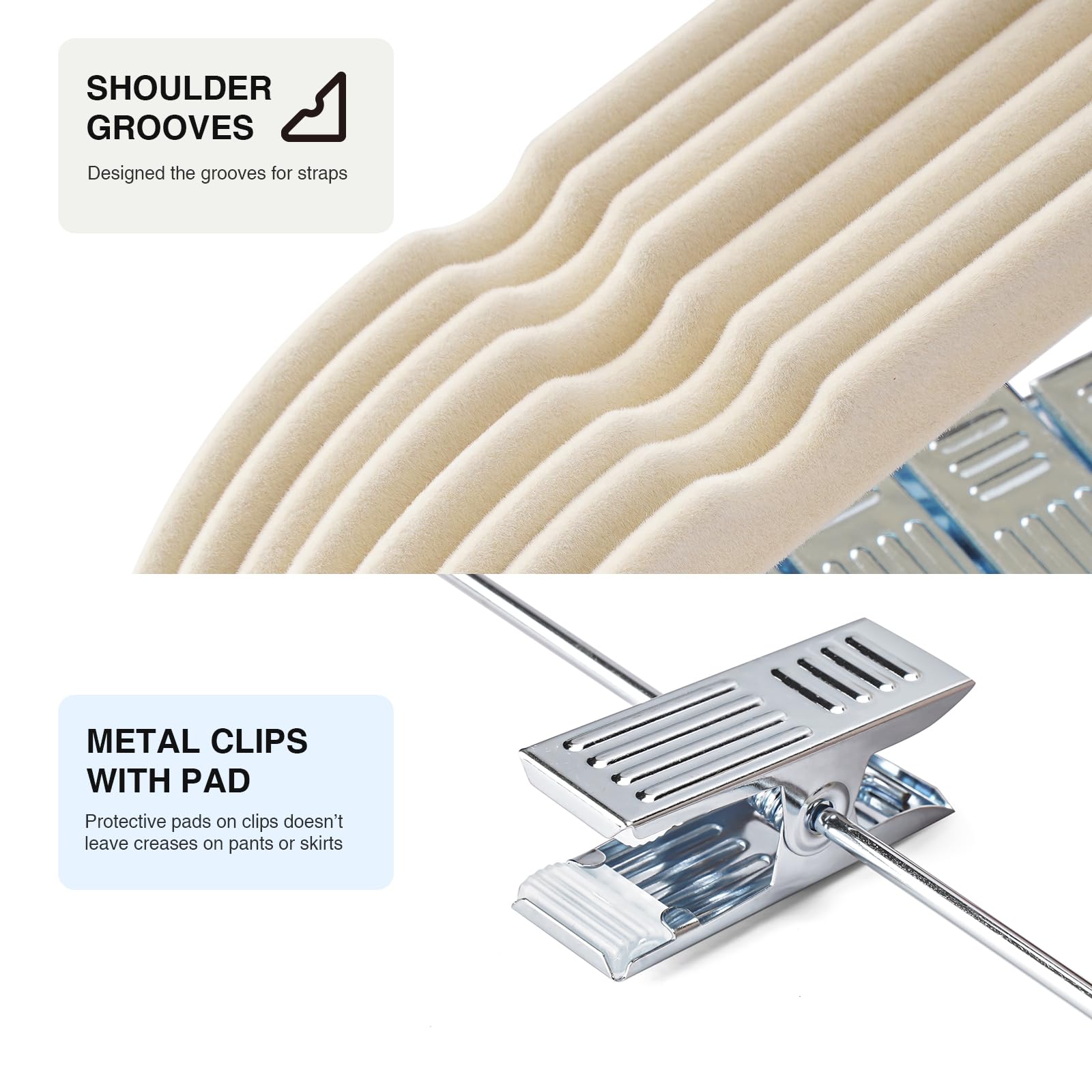 Ulimart 24-Pack Beige Velvet Hangers,Pants Hangers With Clips Adjustable,Felt Hangers,Heavy-Duty,Non-Slip,Space Saving,Slim Clot