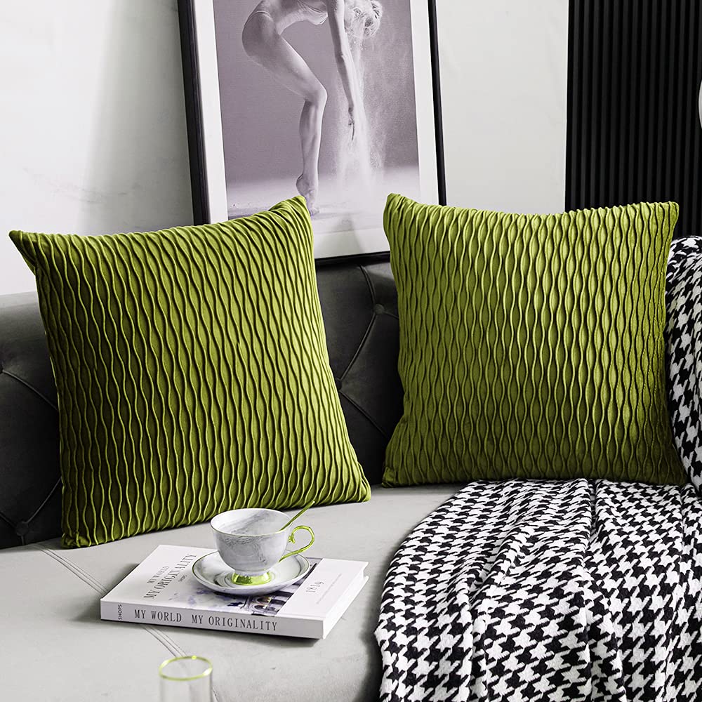 Dezene 24X24 Moss Green Throw Pillow Cases: 2 Pack Original Striped Velvet Square Decorative Pillow Covers For Farmhouse Couch