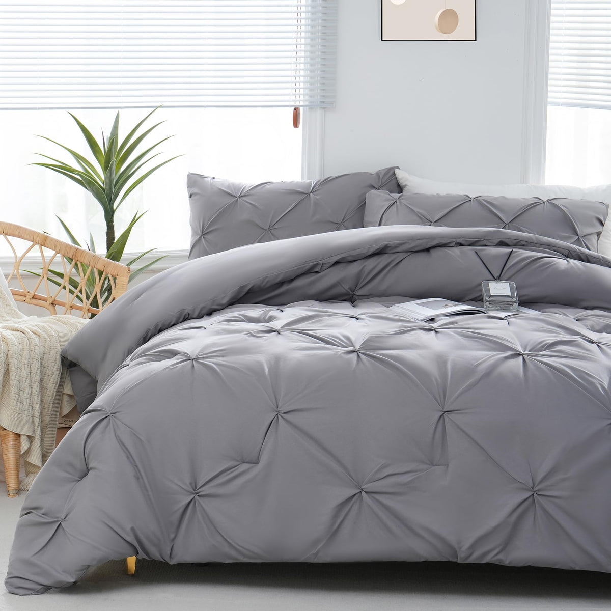 Downcool King Size Comforter Set - Grey Comforter King Size, Pintuck 3-Piece Bedding Comforter Sets, 1 Pinch Pleated Comforter &