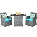 Tangkula 3 Pieces Patio Dining Set, Patiojoy Space-Saving PE Rattan Bistro Set with Tempered Glass Top Table and Cushioned Chair