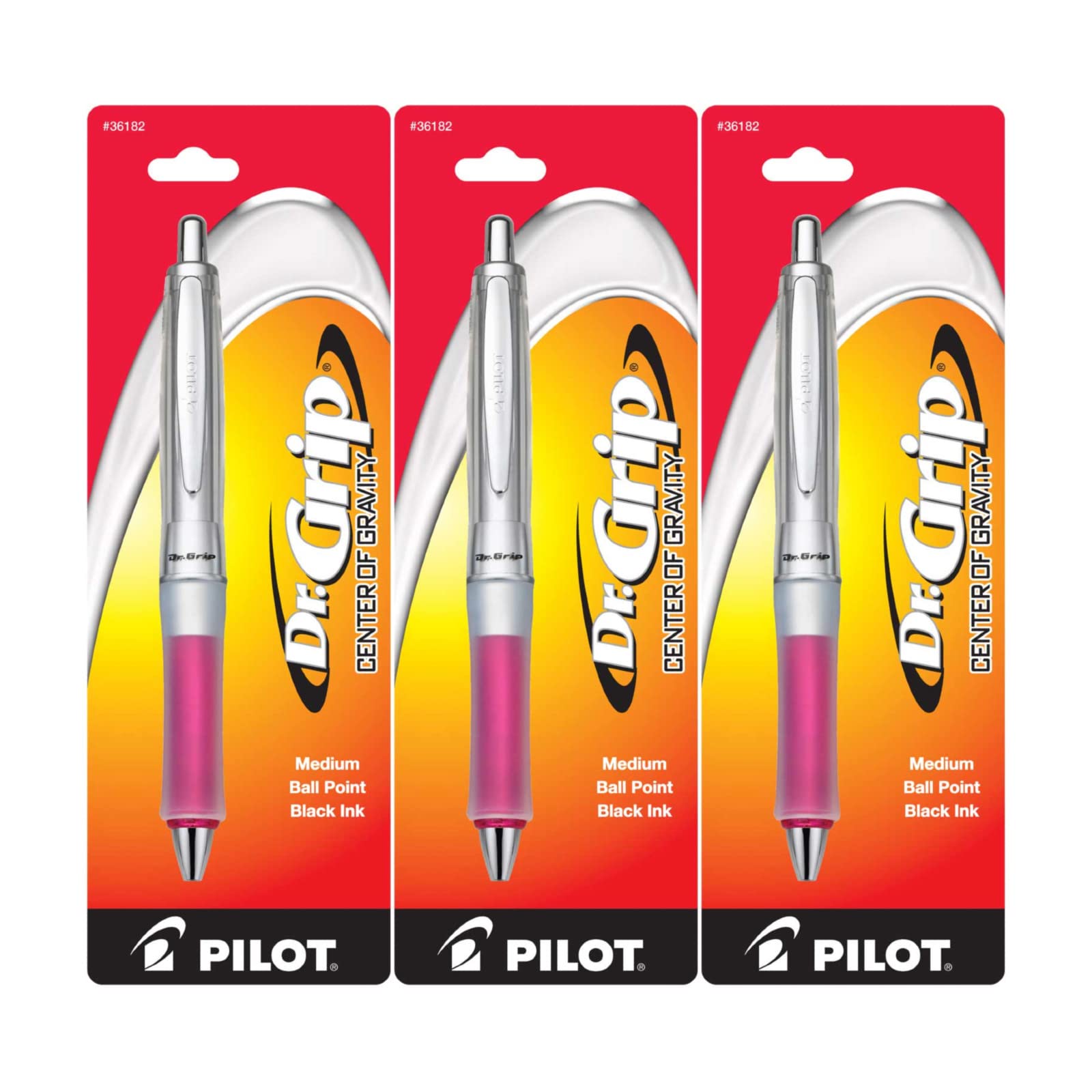Pilot Dr. Grip Center Of Gravity Retractable Ball Point Pen, Medium Point, Black Ink, Pack Of 3 (Pink)