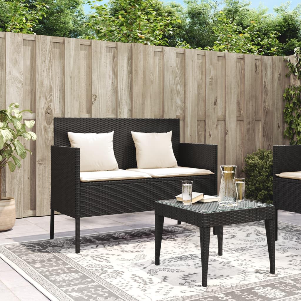 vidaXL Outdoor Poly Rattan Loveseat Bench - Black Patio Seating with Cream Cushions, Under Seat Storage, Powder-Coated Steel Frame, 365770