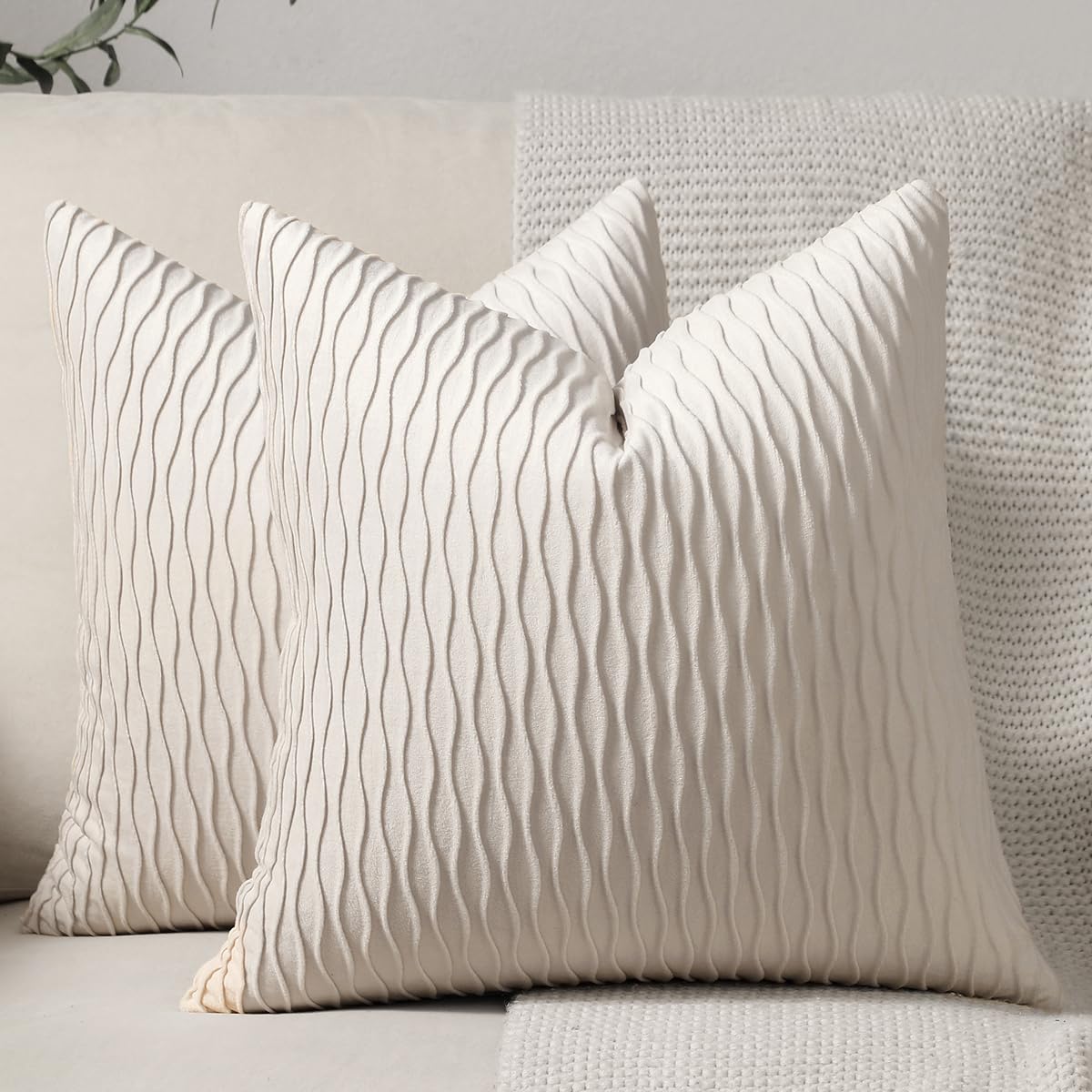 Dezene Ivory White Couch Pillow Covers: 2 Pack 24X24 Inch Original Striped Velvet Square Throw Pillow Cases For Farmhouse Home D