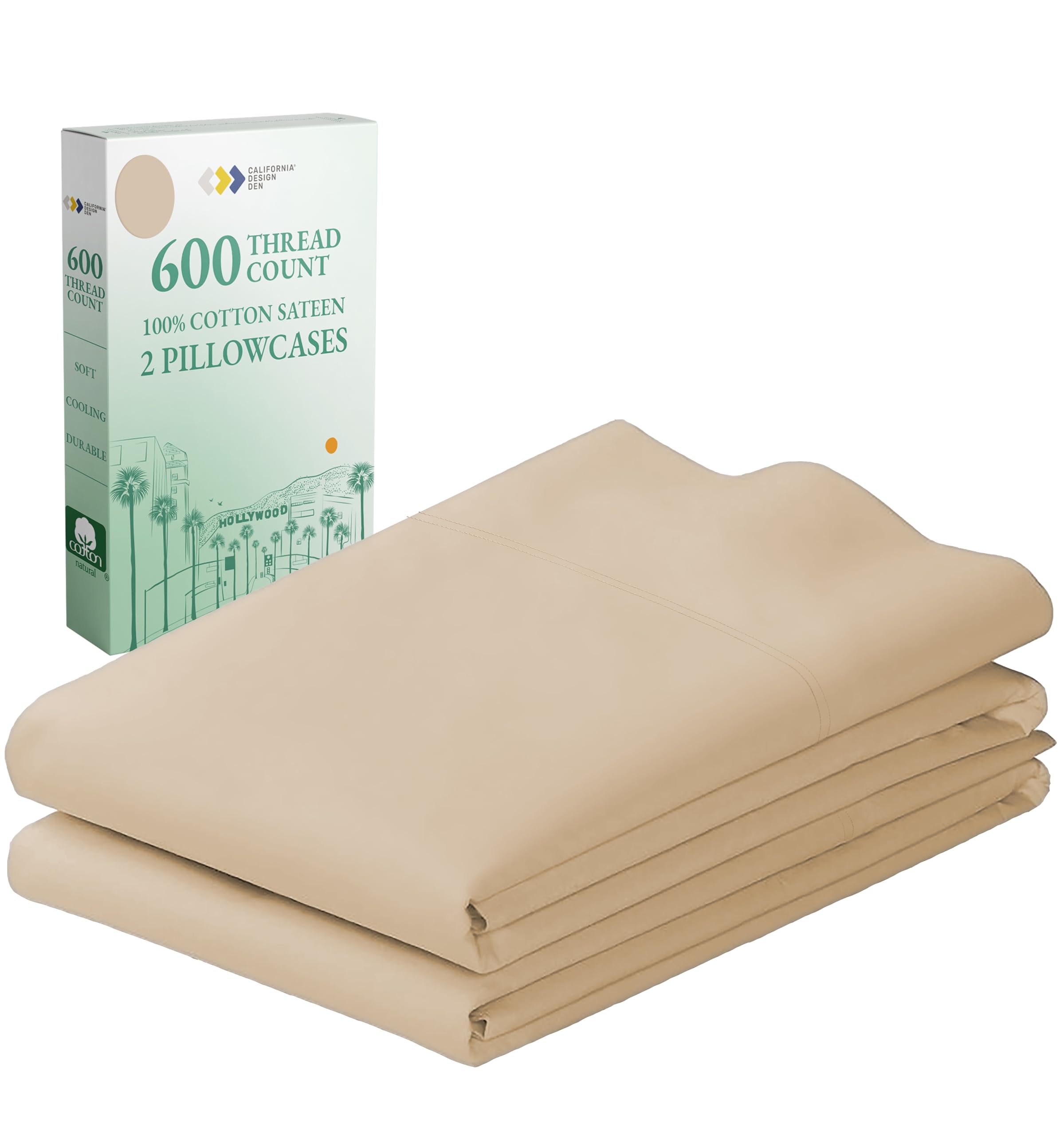 California Design Den Luxuriously Soft Hotel Quality 600 Thread Count, 100% Cotton Set Of 2 Cases, Crisp & Cool Standard Pillow Covers, Fits Standard & Queen Pillows (Tan-Beige)